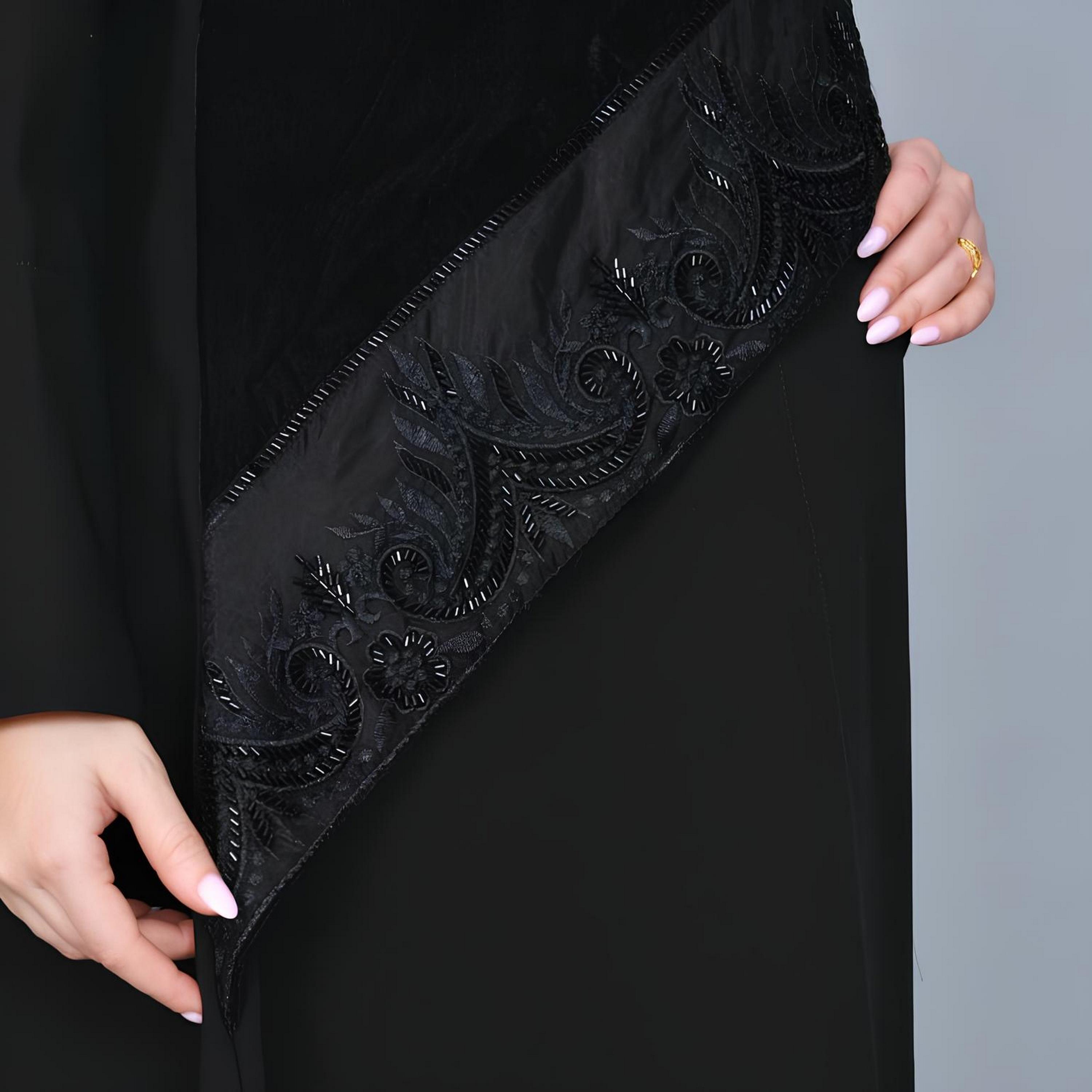 Hawraa Black Beaded Velvet Women's Abaya-women-arabicclothing-abayas-image-5