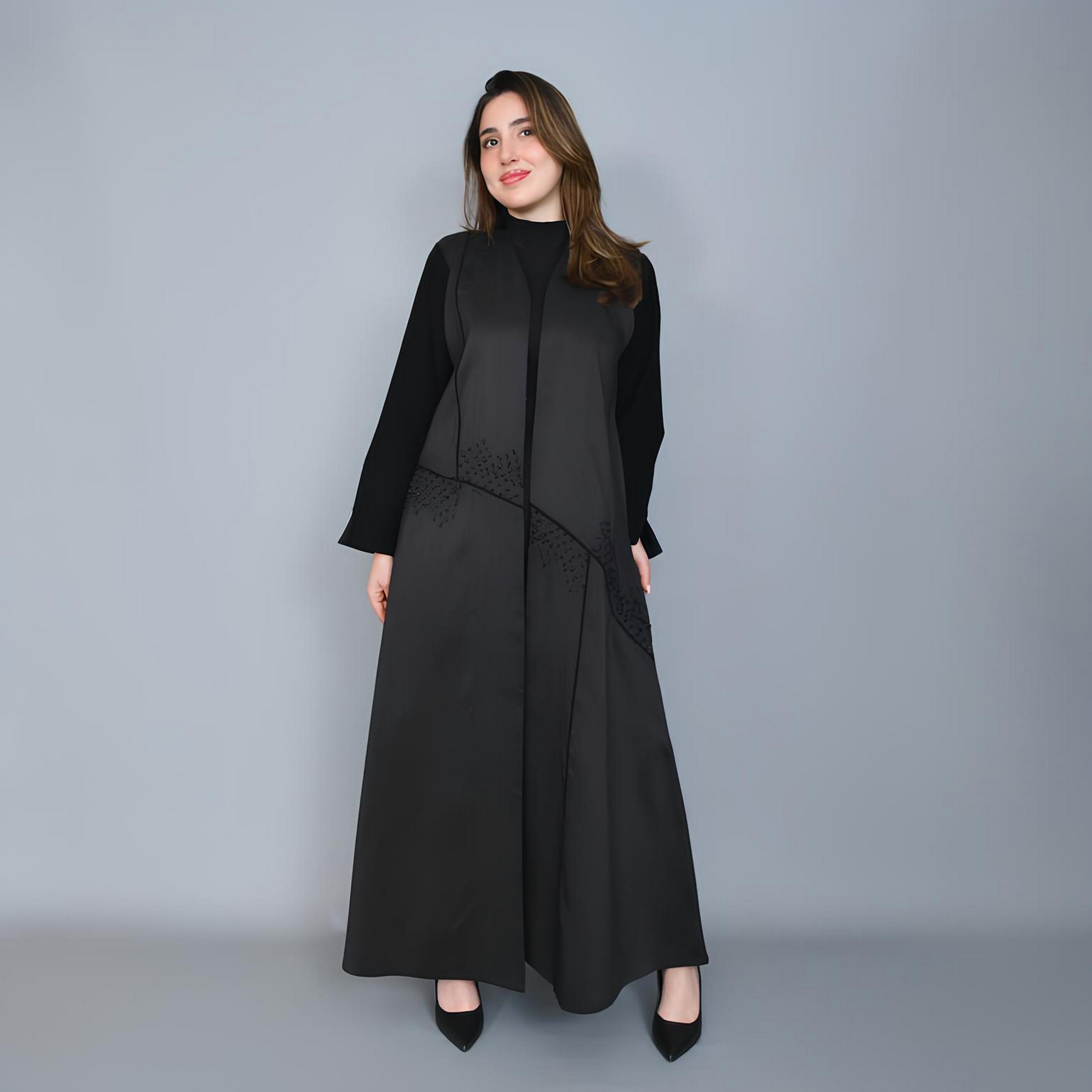 Hawraa Black Beads Detailed Contrast Sleeves Linen Women's Cloche Cut Abaya-women-arabicclothing-abayas-image-1