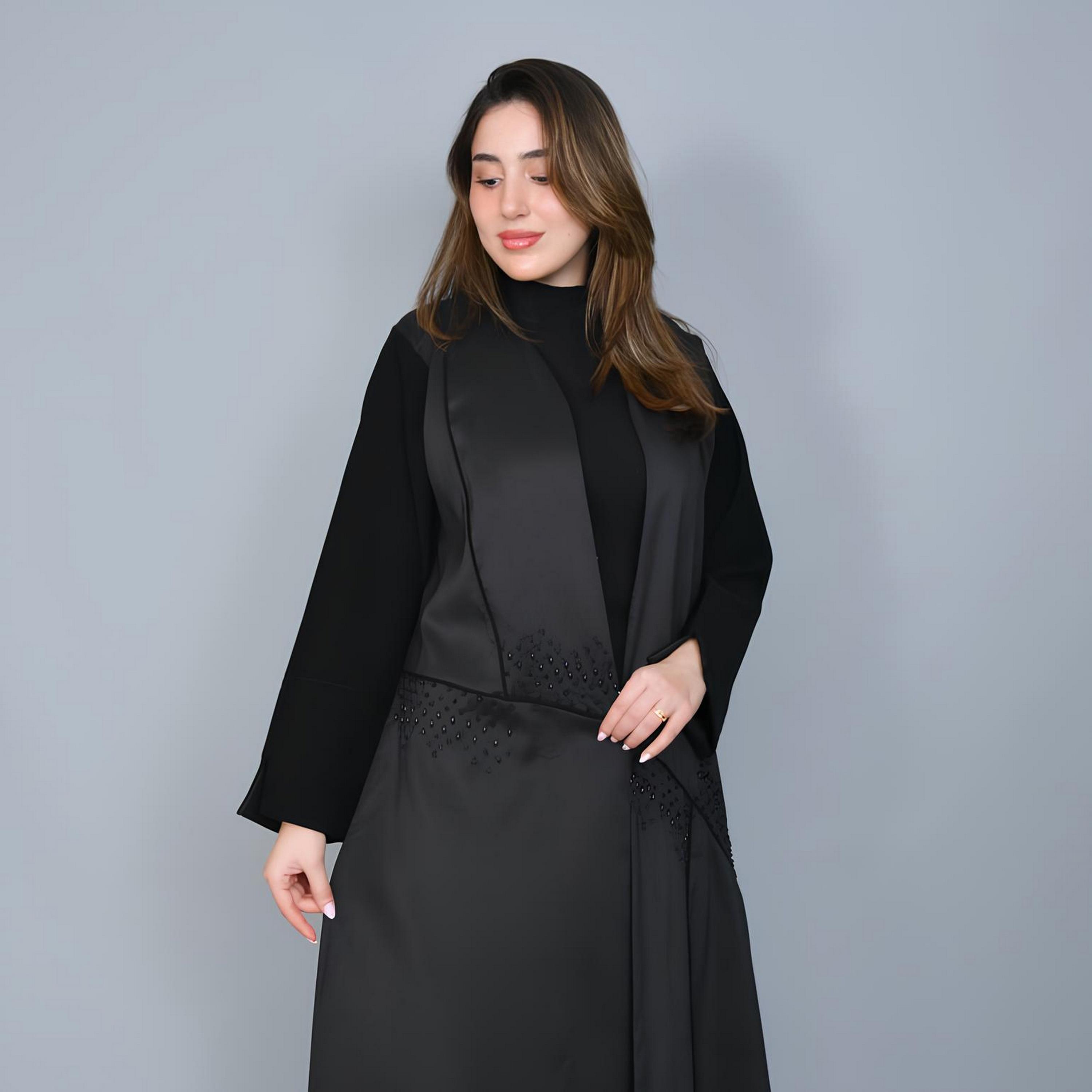 Hawraa Black Beads Detailed Contrast Sleeves Linen Women's Cloche Cut Abaya-women-arabicclothing-abayas-image-2