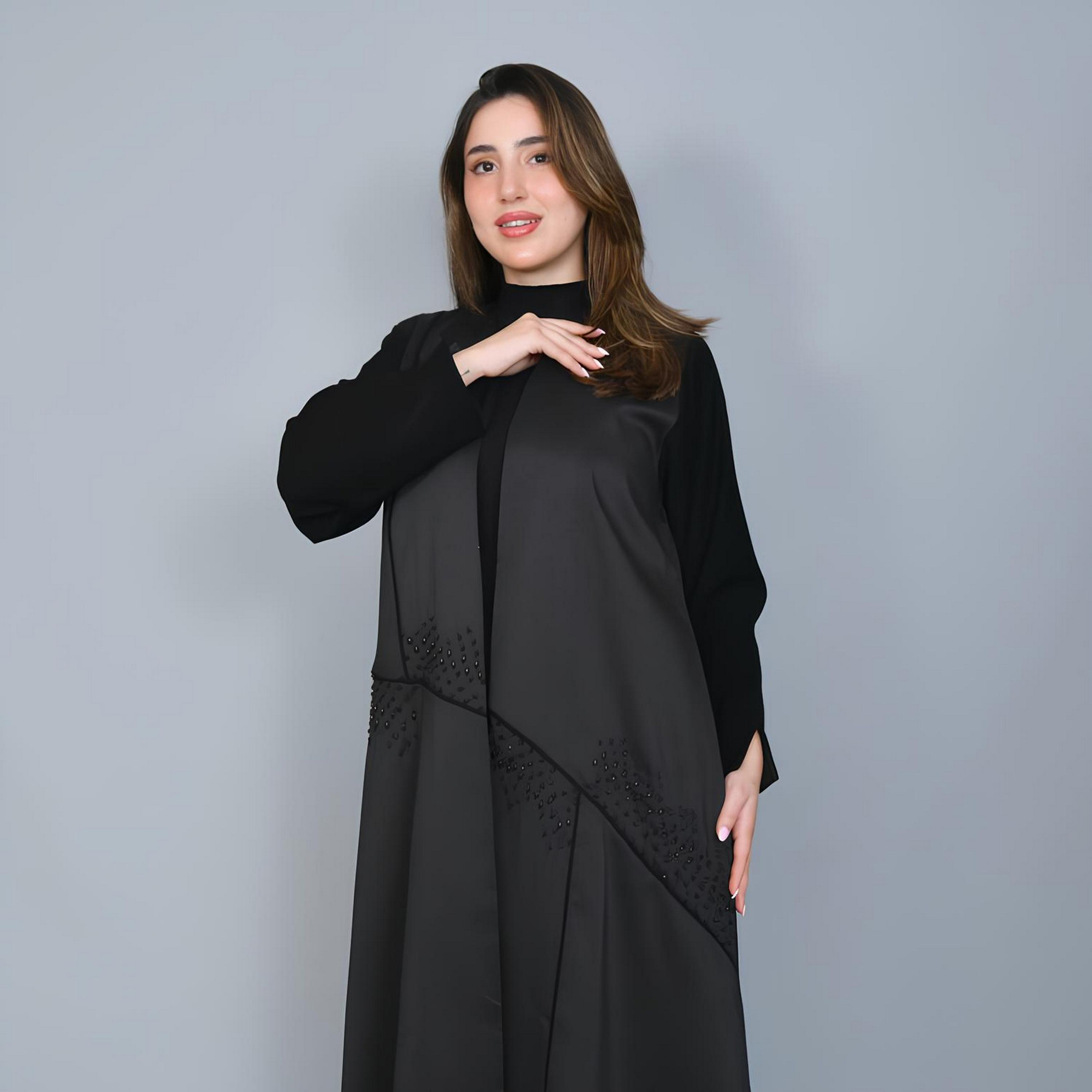 Hawraa Black Beads Detailed Contrast Sleeves Linen Women's Cloche Cut Abaya-women-arabicclothing-abayas-image-3