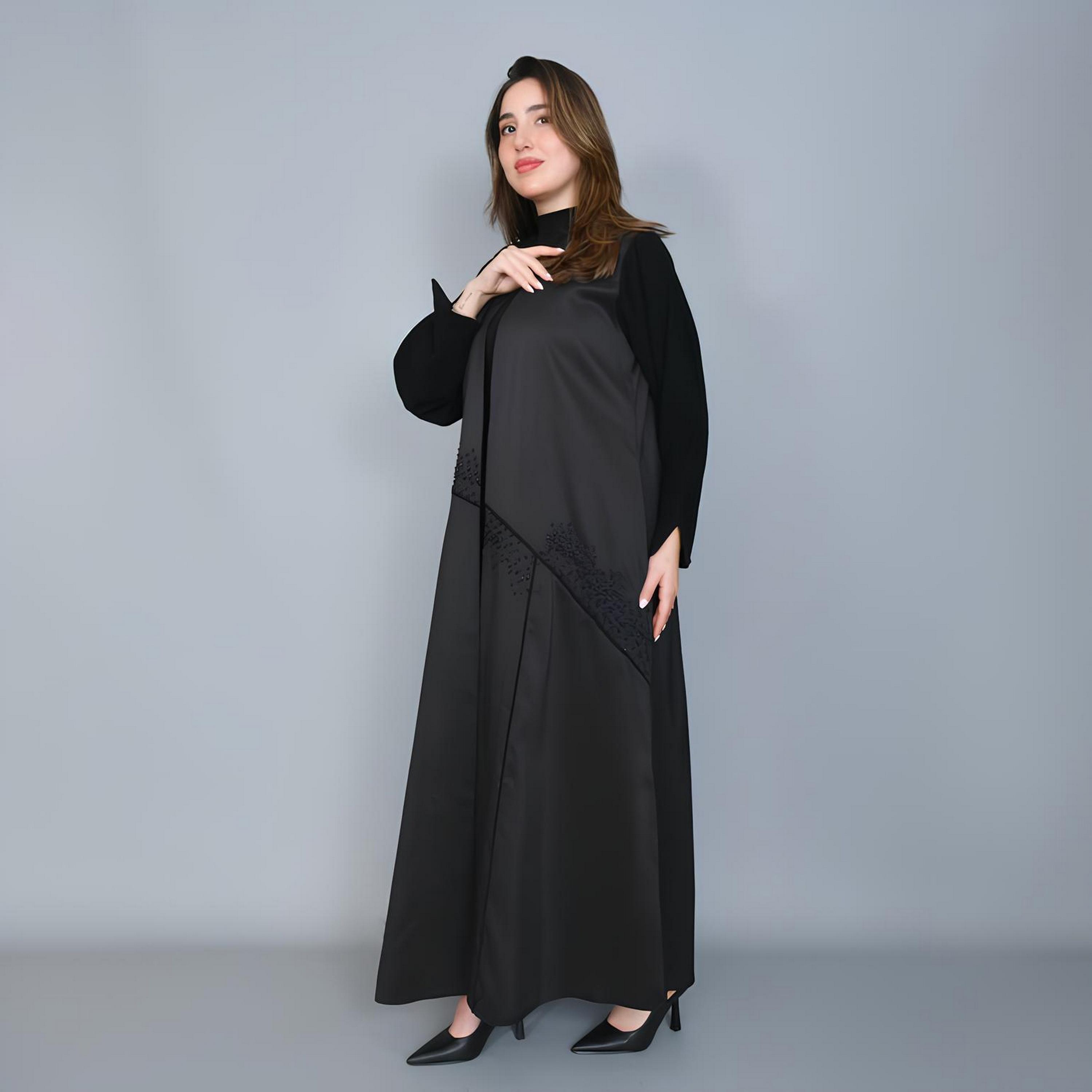 Hawraa Black Beads Detailed Contrast Sleeves Linen Women's Cloche Cut Abaya-women-arabicclothing-abayas-image-4