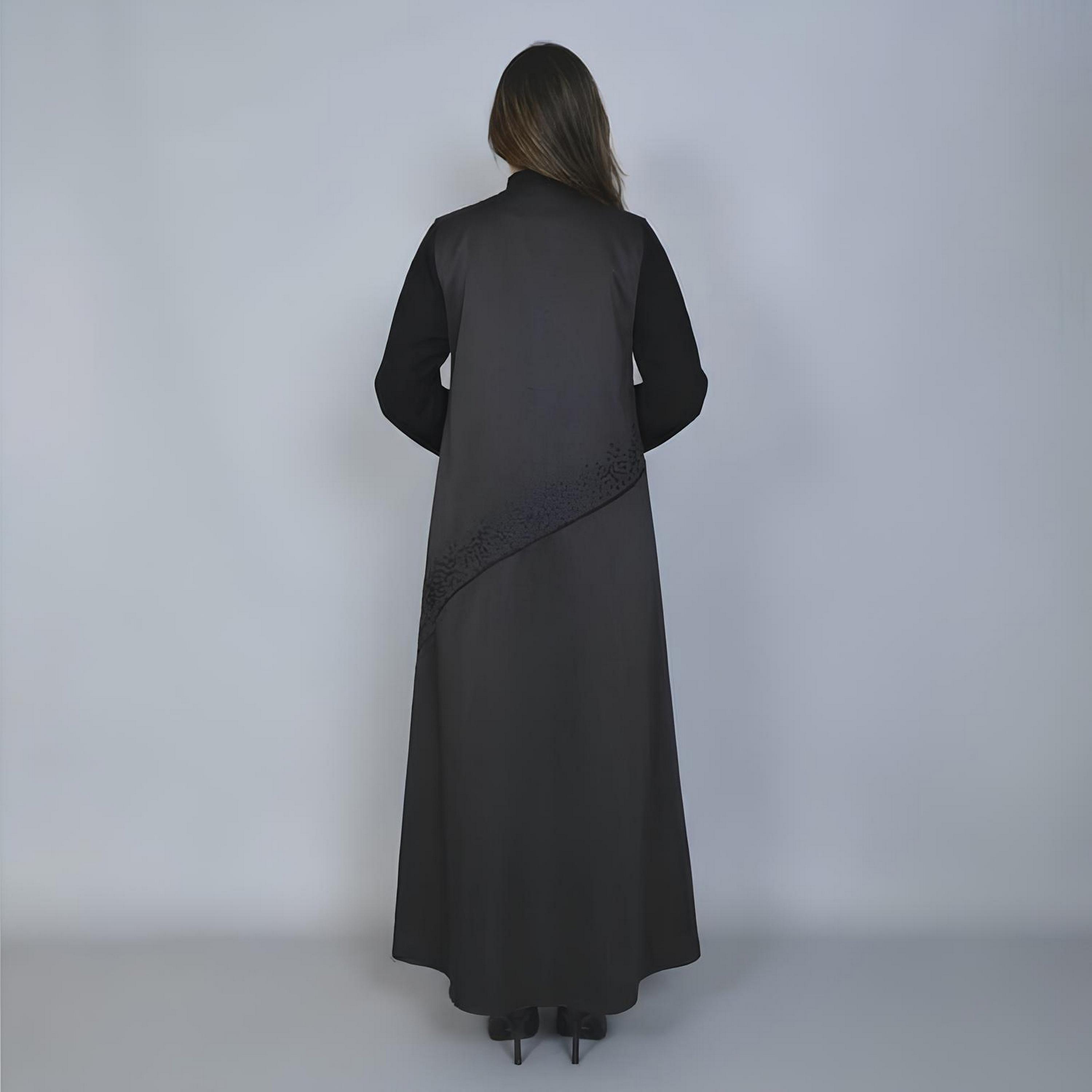 Hawraa Black Beads Detailed Contrast Sleeves Linen Women's Cloche Cut Abaya-women-arabicclothing-abayas-image-5