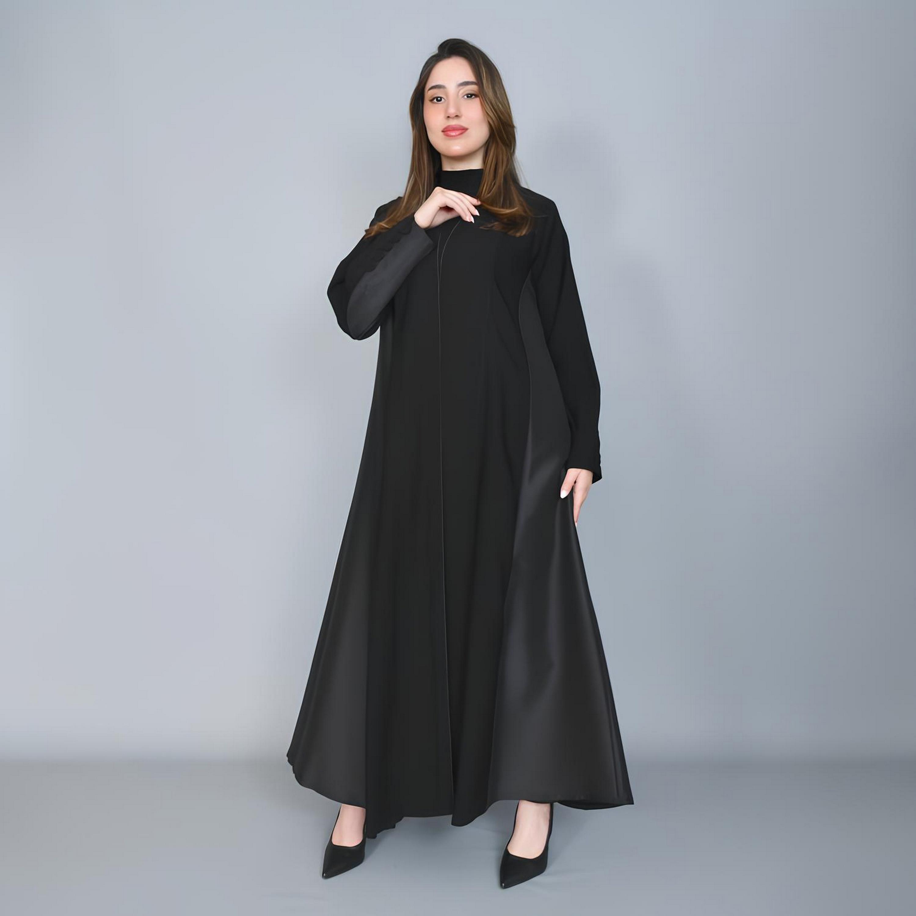 Hawraa Black Dual Tone Linen Women's Abaya-women-arabicclothing-abayas-image-1