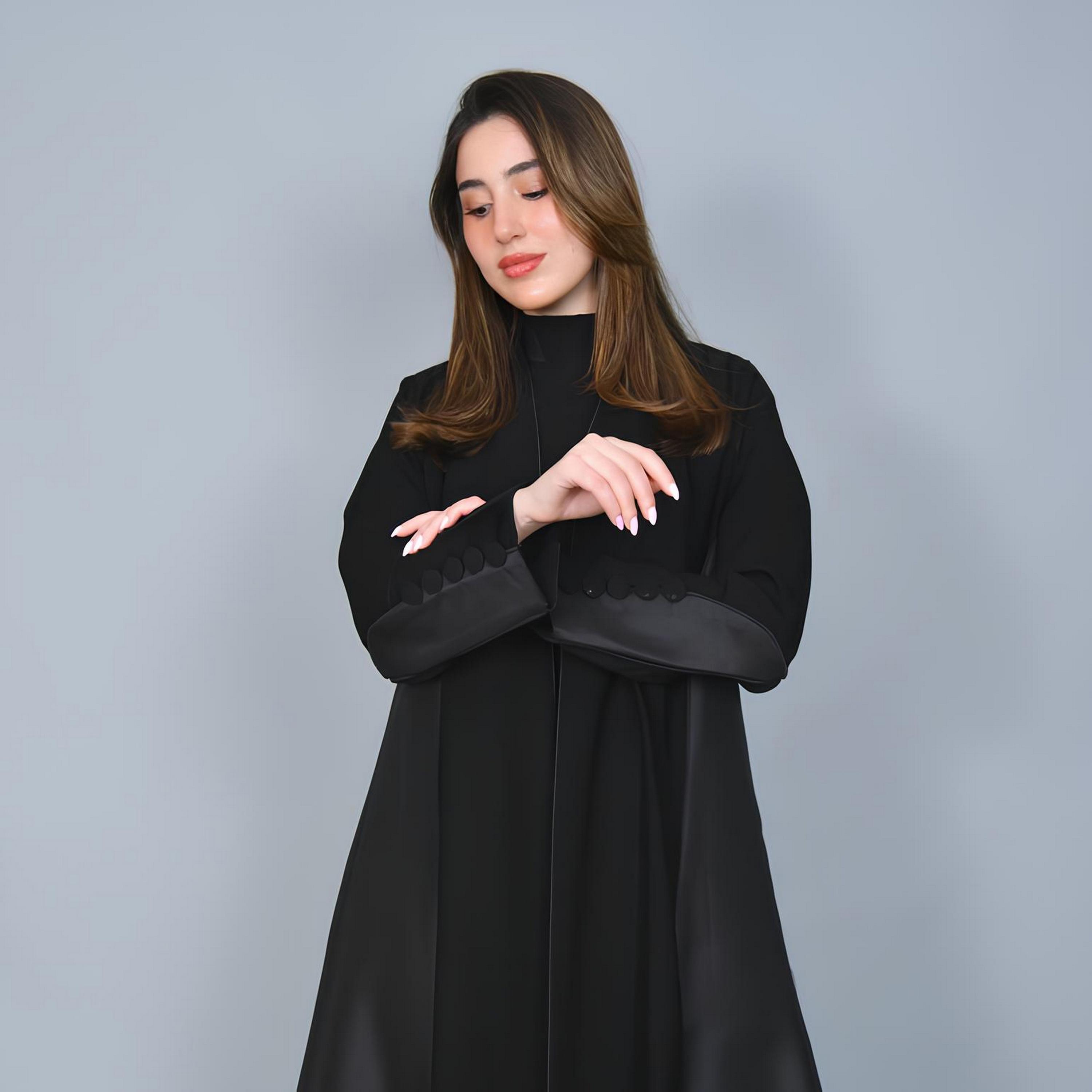 Hawraa Black Dual Tone Linen Women's Abaya-women-arabicclothing-abayas-image-2
