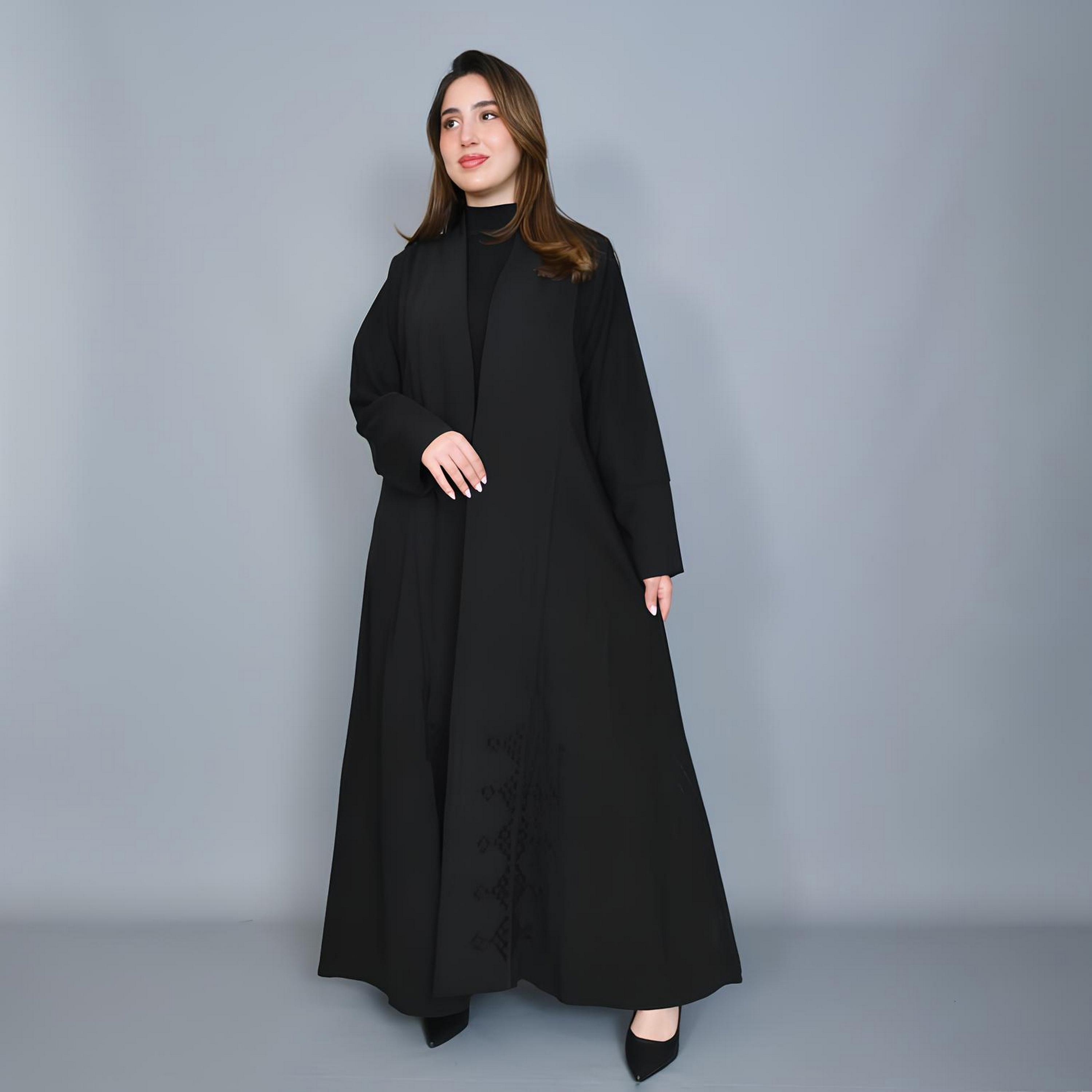 Hawraa Black Embroidered Linen Women's Half-Cloche Cut Abaya-women-arabicclothing-abayas-image-1