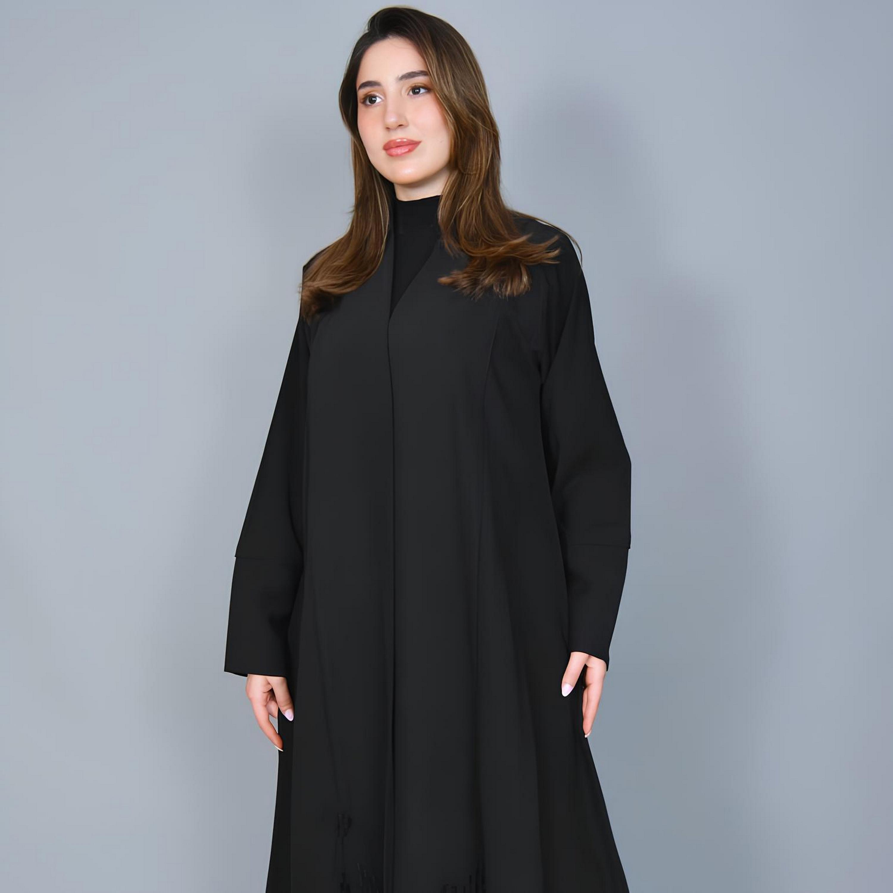 Hawraa Black Embroidered Linen Women's Half-Cloche Cut Abaya-women-arabicclothing-abayas-image-2
