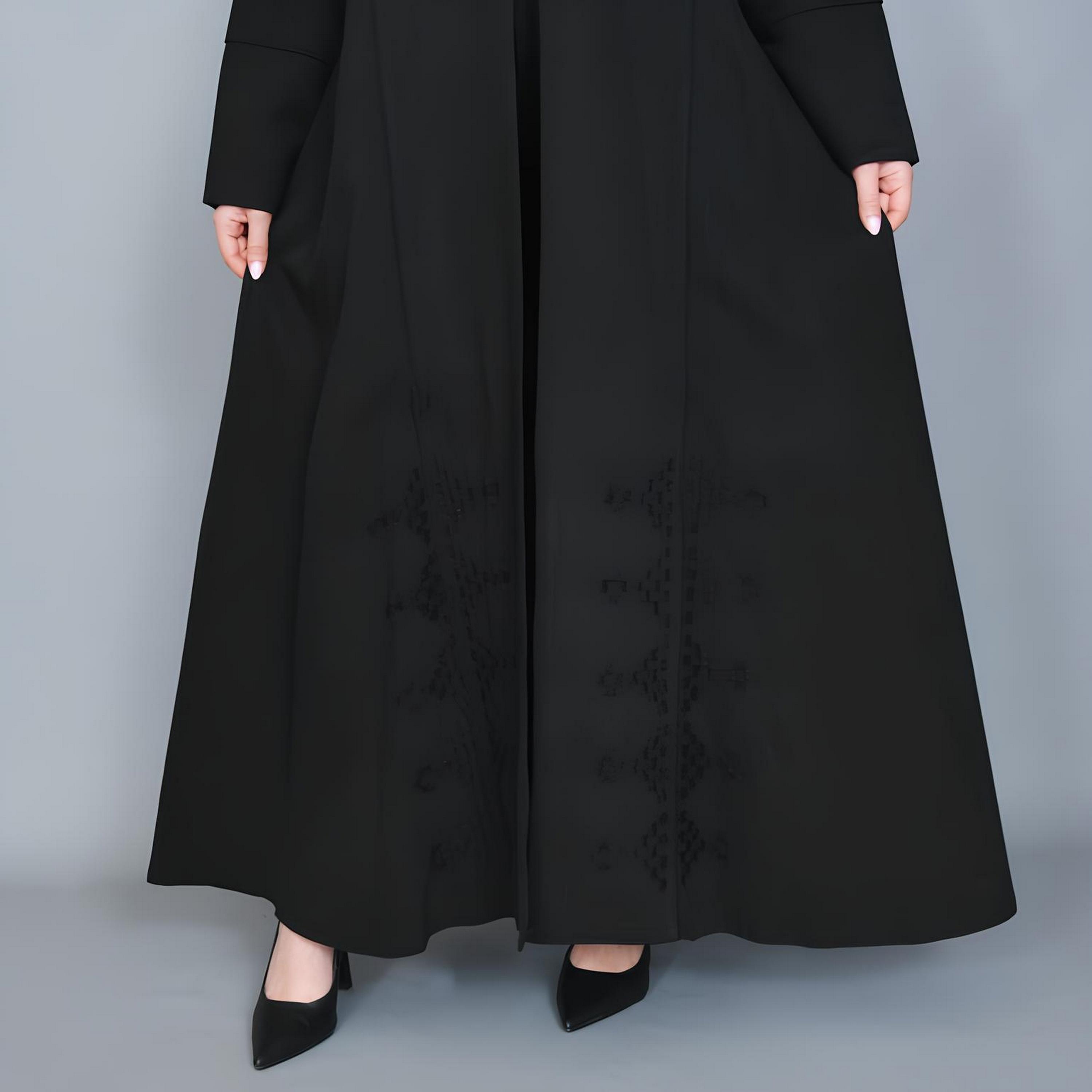Hawraa Black Embroidered Linen Women's Half-Cloche Cut Abaya-women-arabicclothing-abayas-image-3