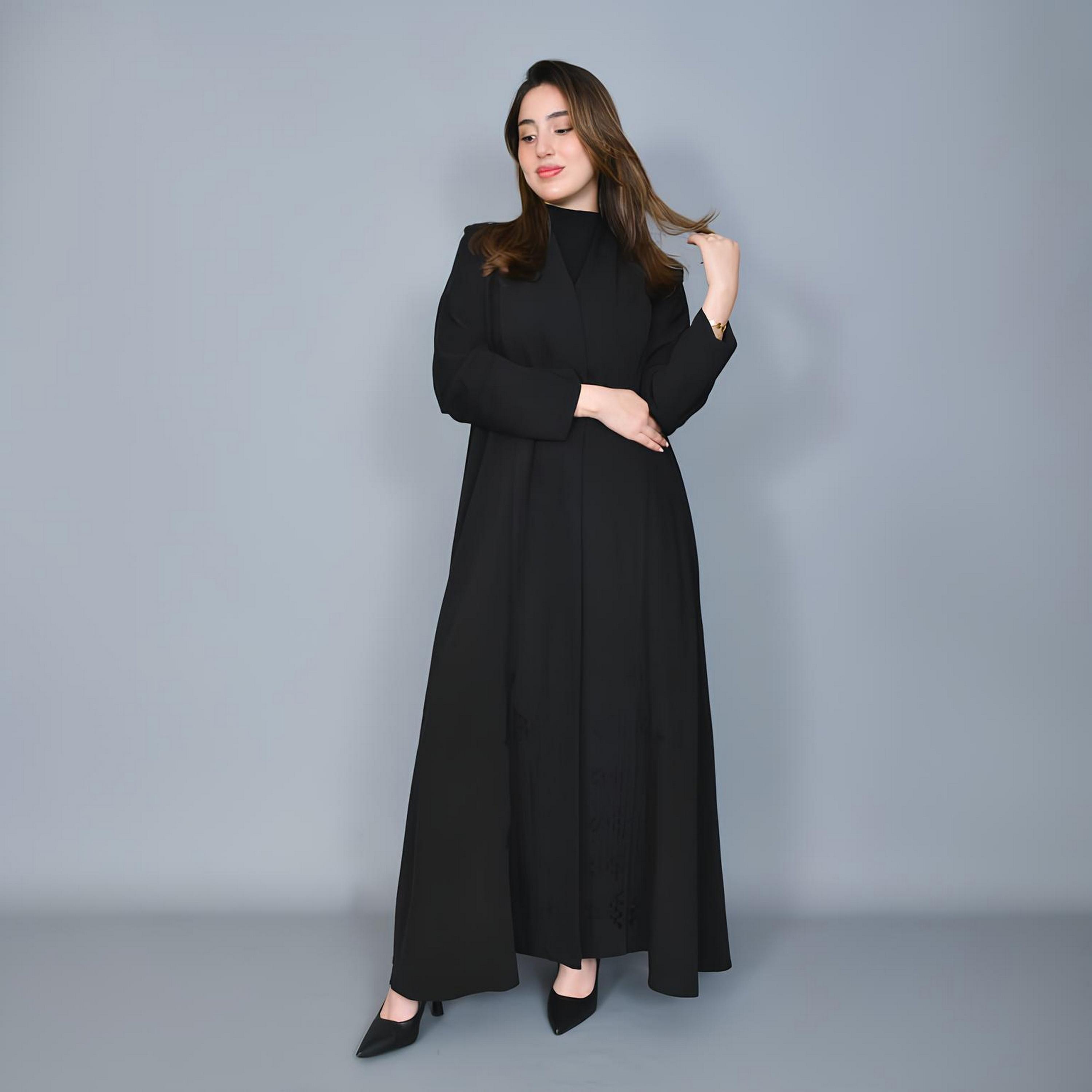 Hawraa Black Embroidered Linen Women's Half-Cloche Cut Abaya-women-arabicclothing-abayas-image-4