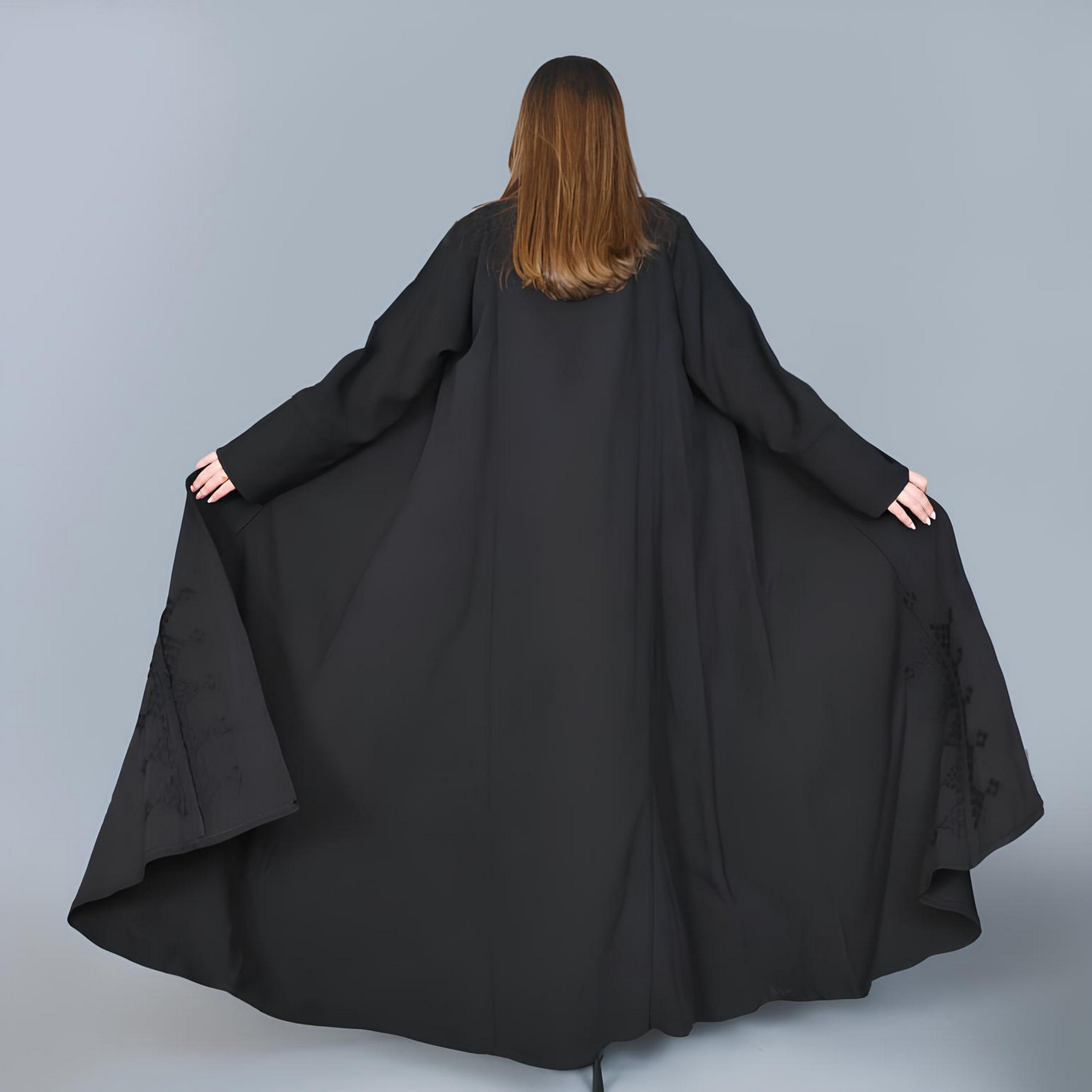 Hawraa Black Embroidered Linen Women's Half-Cloche Cut Abaya-women-arabicclothing-abayas-image-5