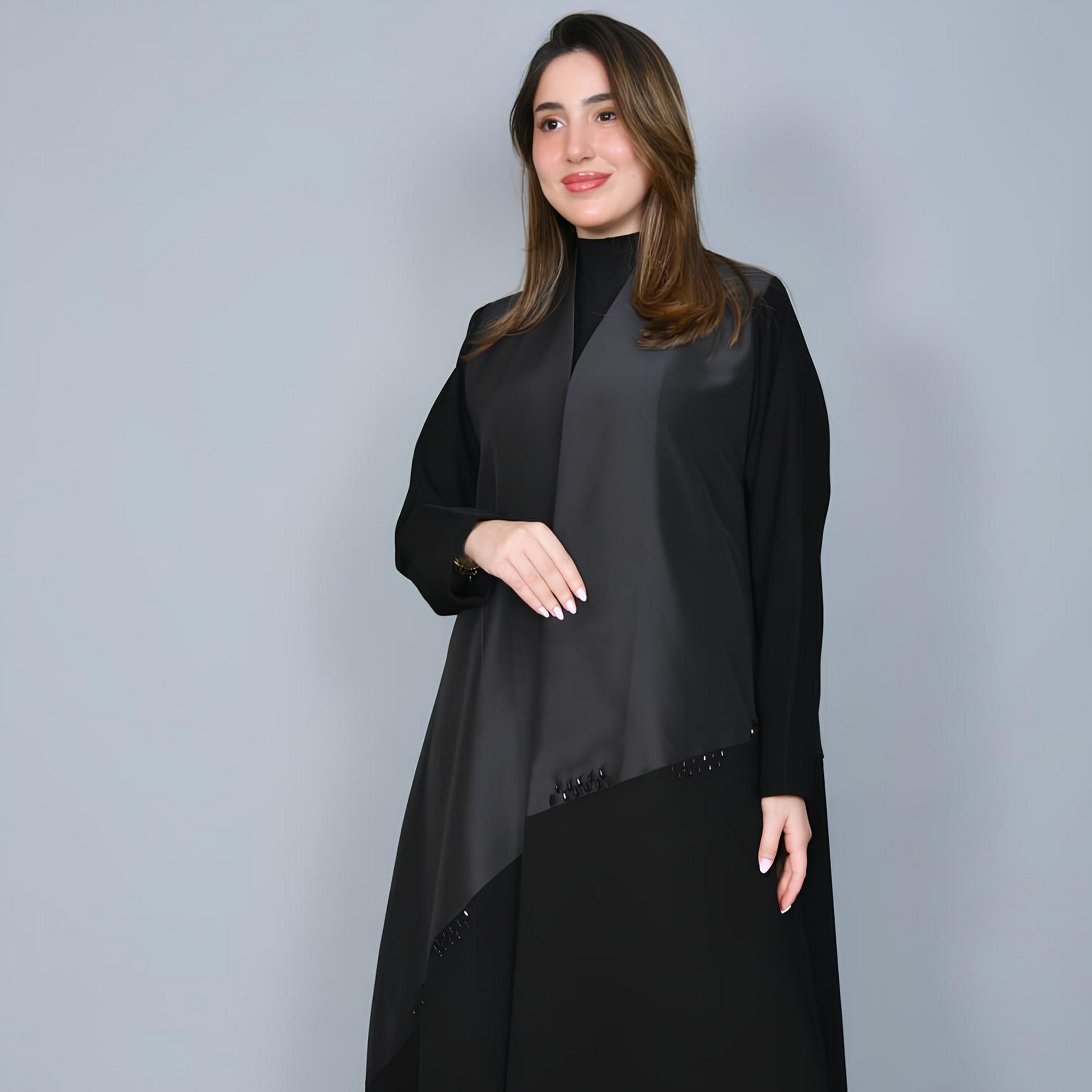 عباية بقصة "كلوش" كتان بتصميم "ديوال تون" نسائية - أسود من حوراء-women-arabicclothing-abayas-image-2