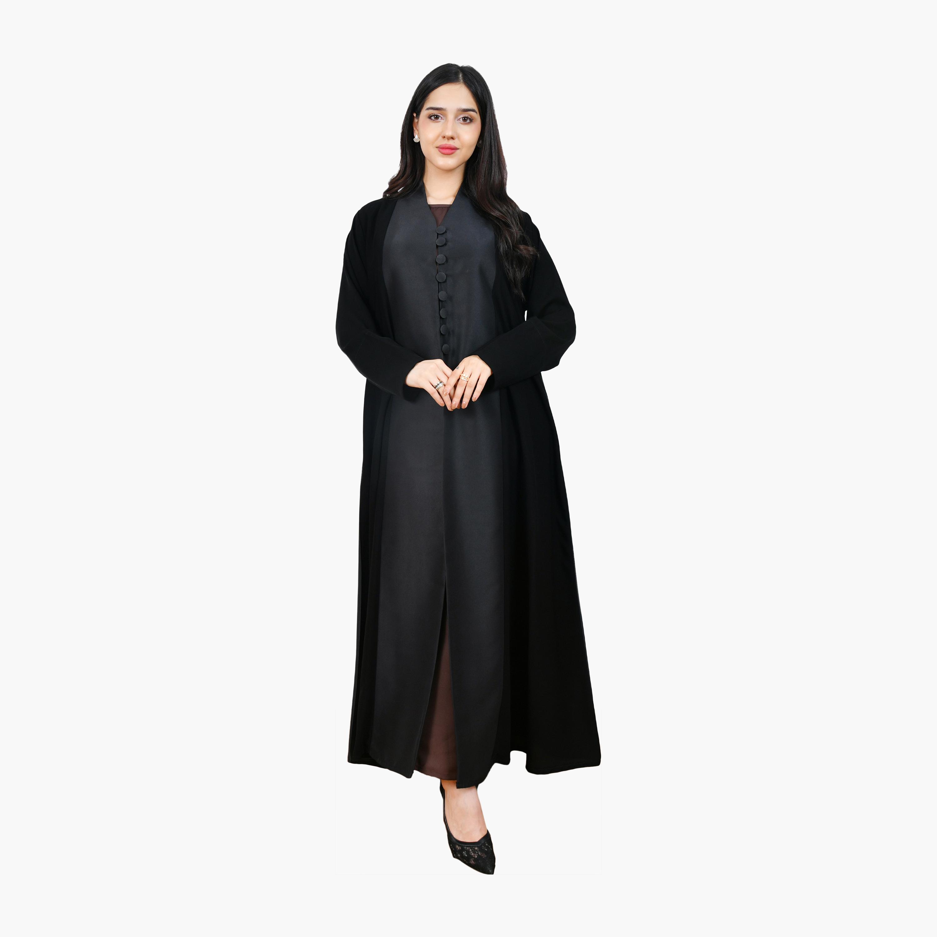 Hawraa Black Colour-Blocked Linen Women's Half-Cloche Abaya-women-arabicclothing-abayas-image-1