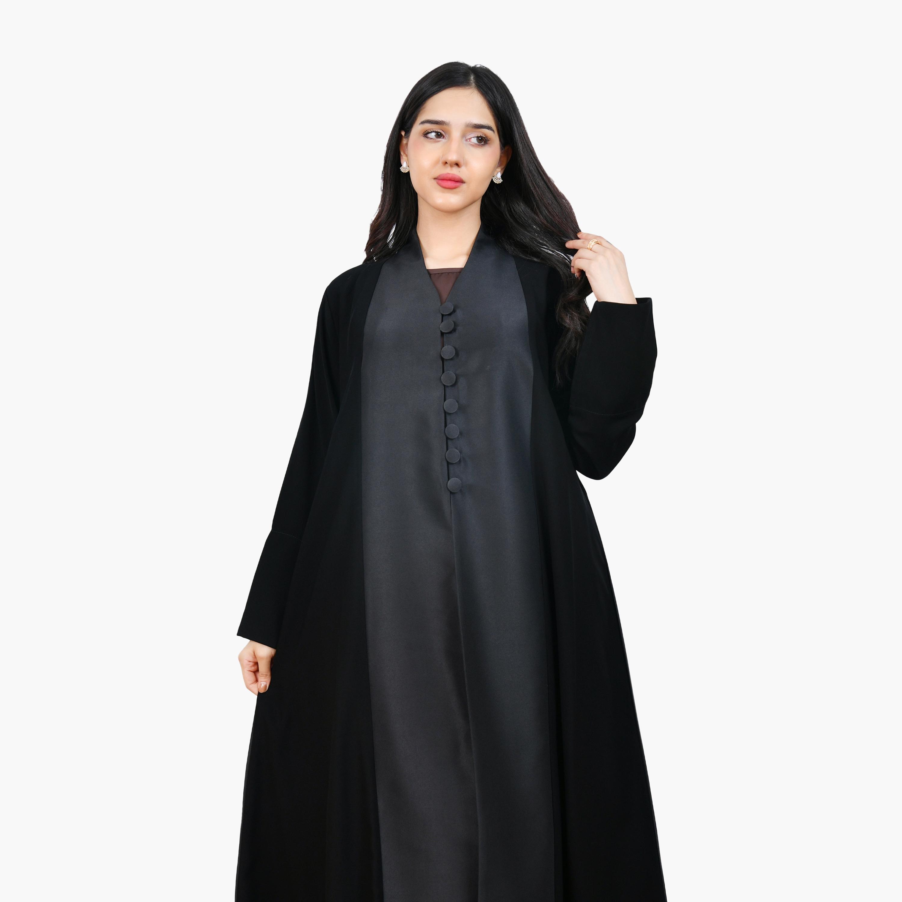 Hawraa Black Colour-Blocked Linen Women's Half-Cloche Abaya-women-arabicclothing-abayas-image-2
