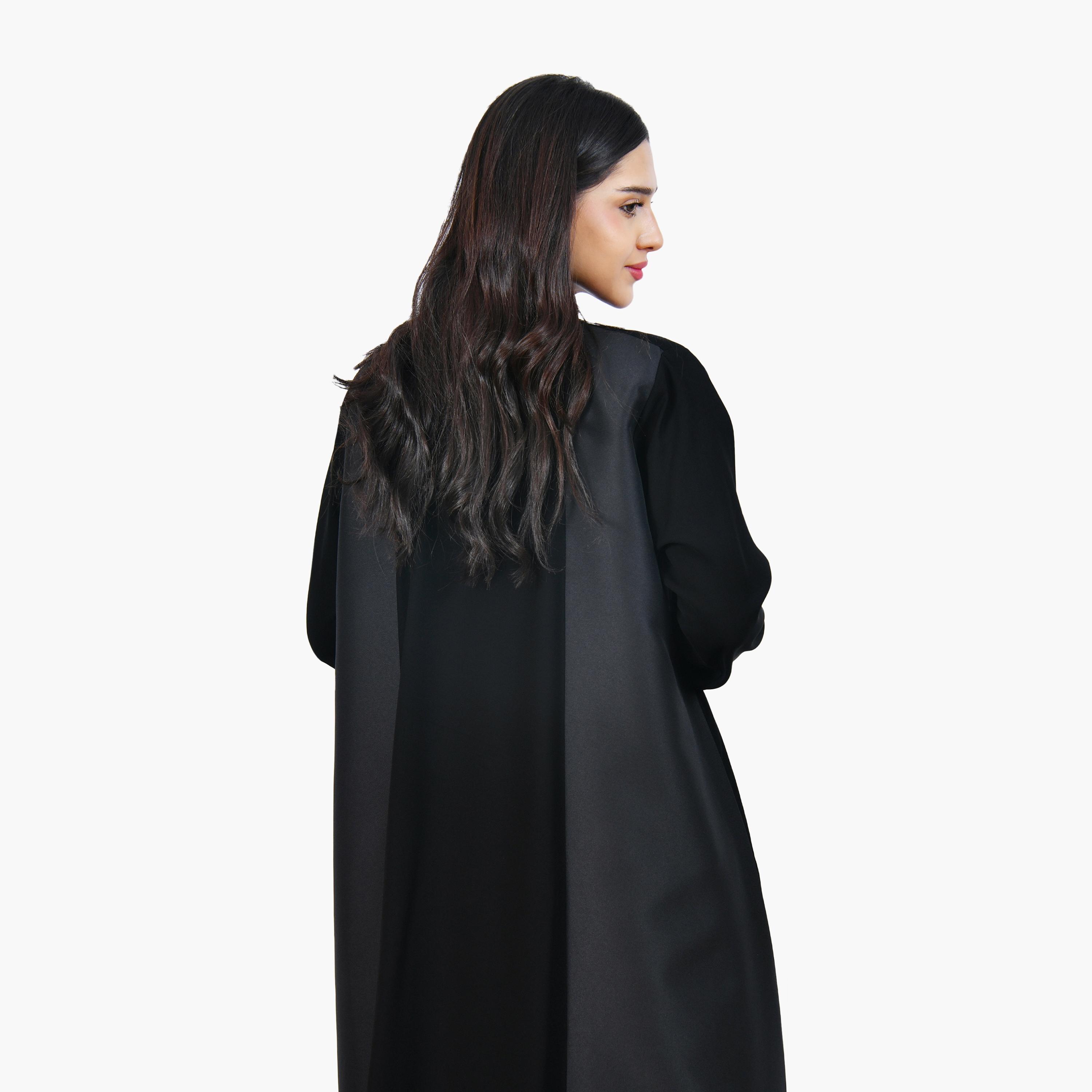 Hawraa Black Colour-Blocked Linen Women's Half-Cloche Abaya-women-arabicclothing-abayas-image-3