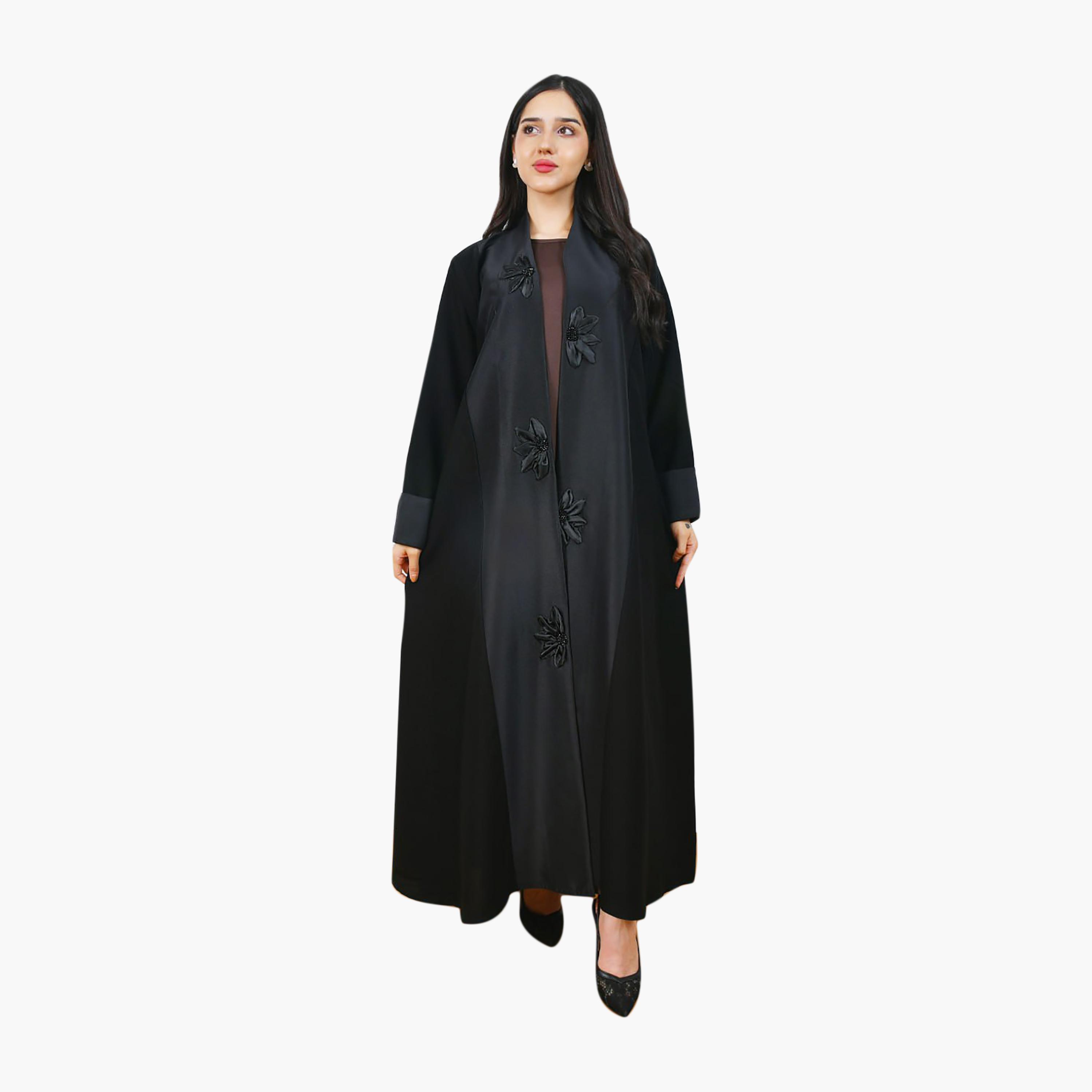 عباية سوداء من الكتان بتطريز زهور ثلاثية الأبعاد وألوان متعددة من حوراء-women-arabicclothing-abayas-image-1