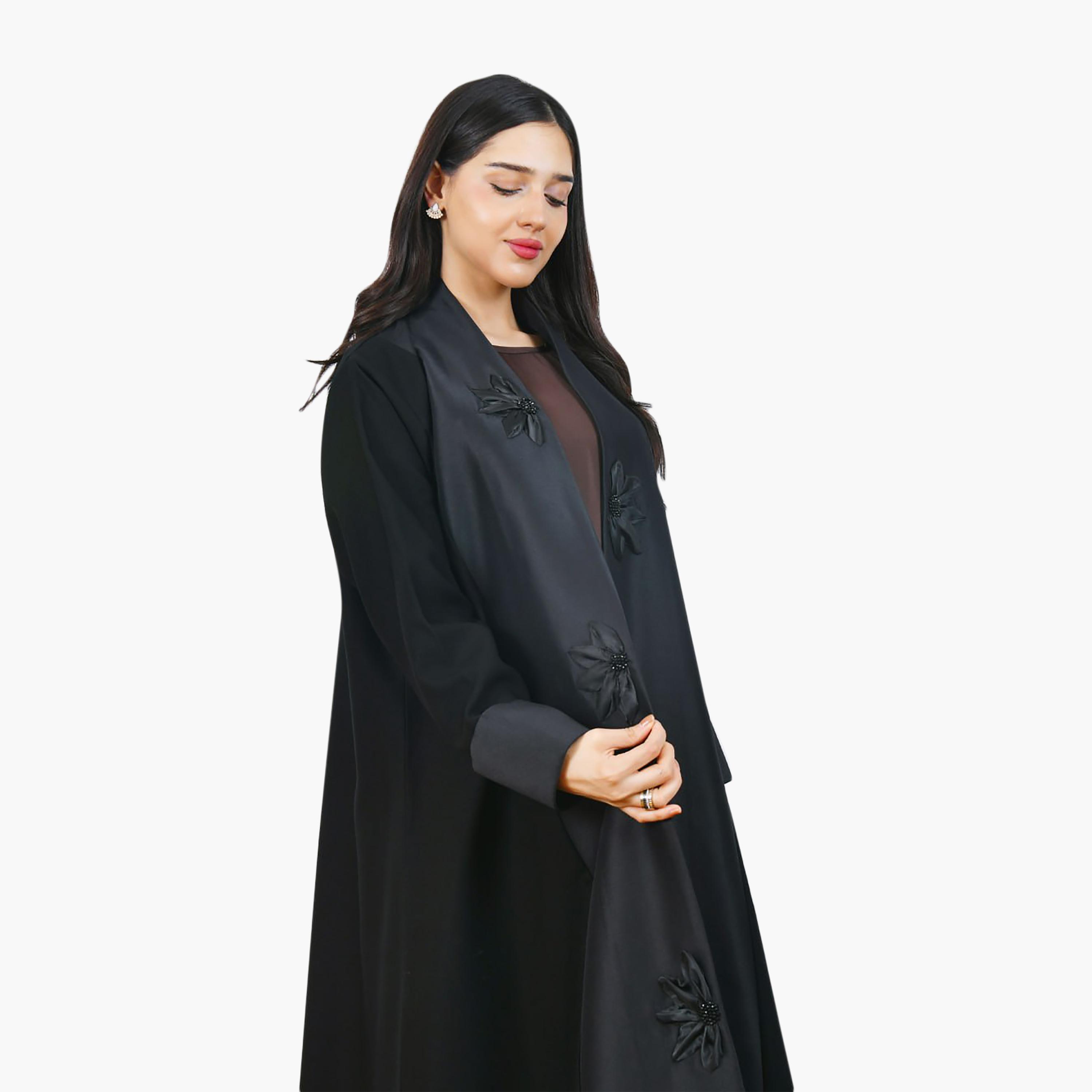 عباية سوداء من الكتان بتطريز زهور ثلاثية الأبعاد وألوان متعددة من حوراء-women-arabicclothing-abayas-image-2