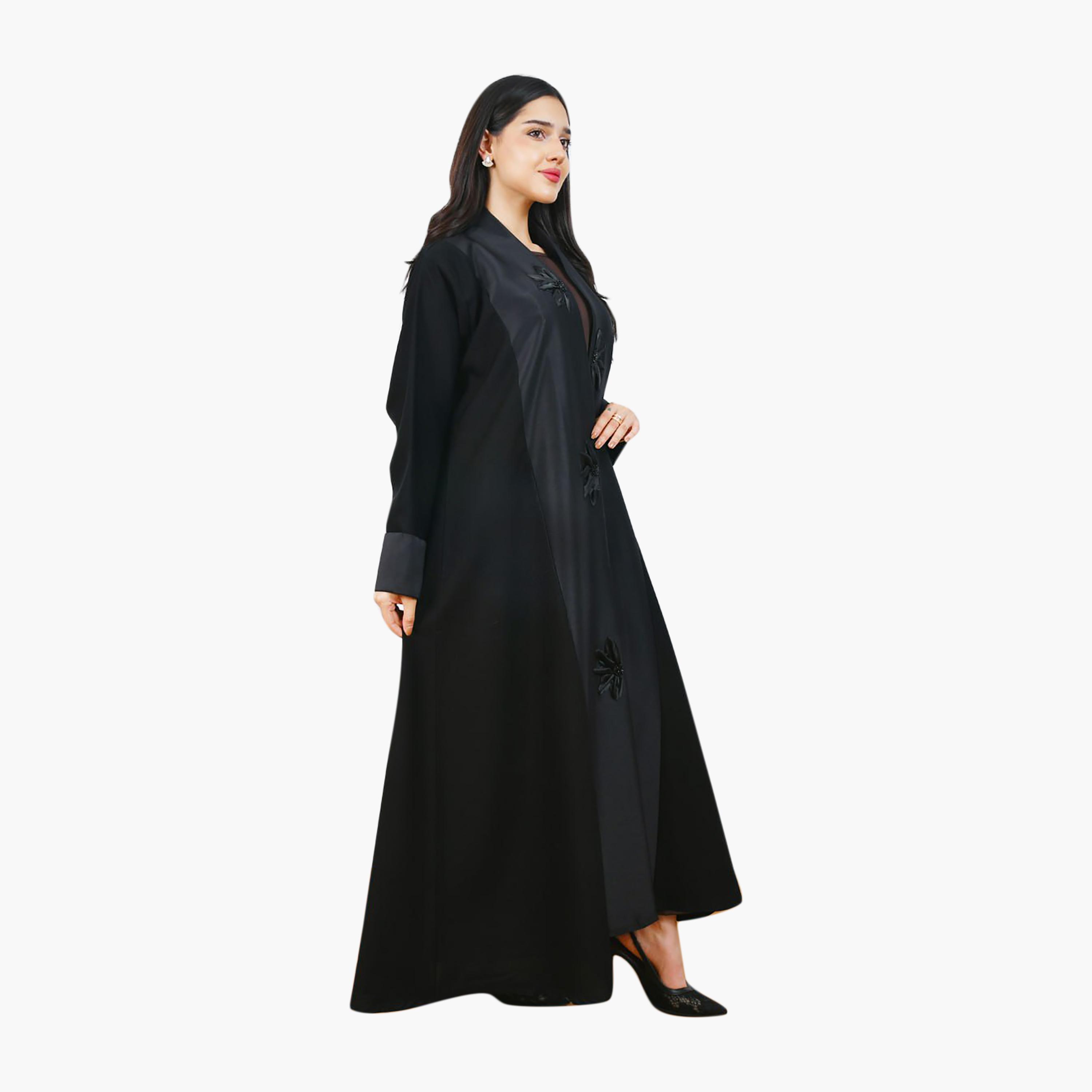 عباية سوداء من الكتان بتطريز زهور ثلاثية الأبعاد وألوان متعددة من حوراء-women-arabicclothing-abayas-image-4