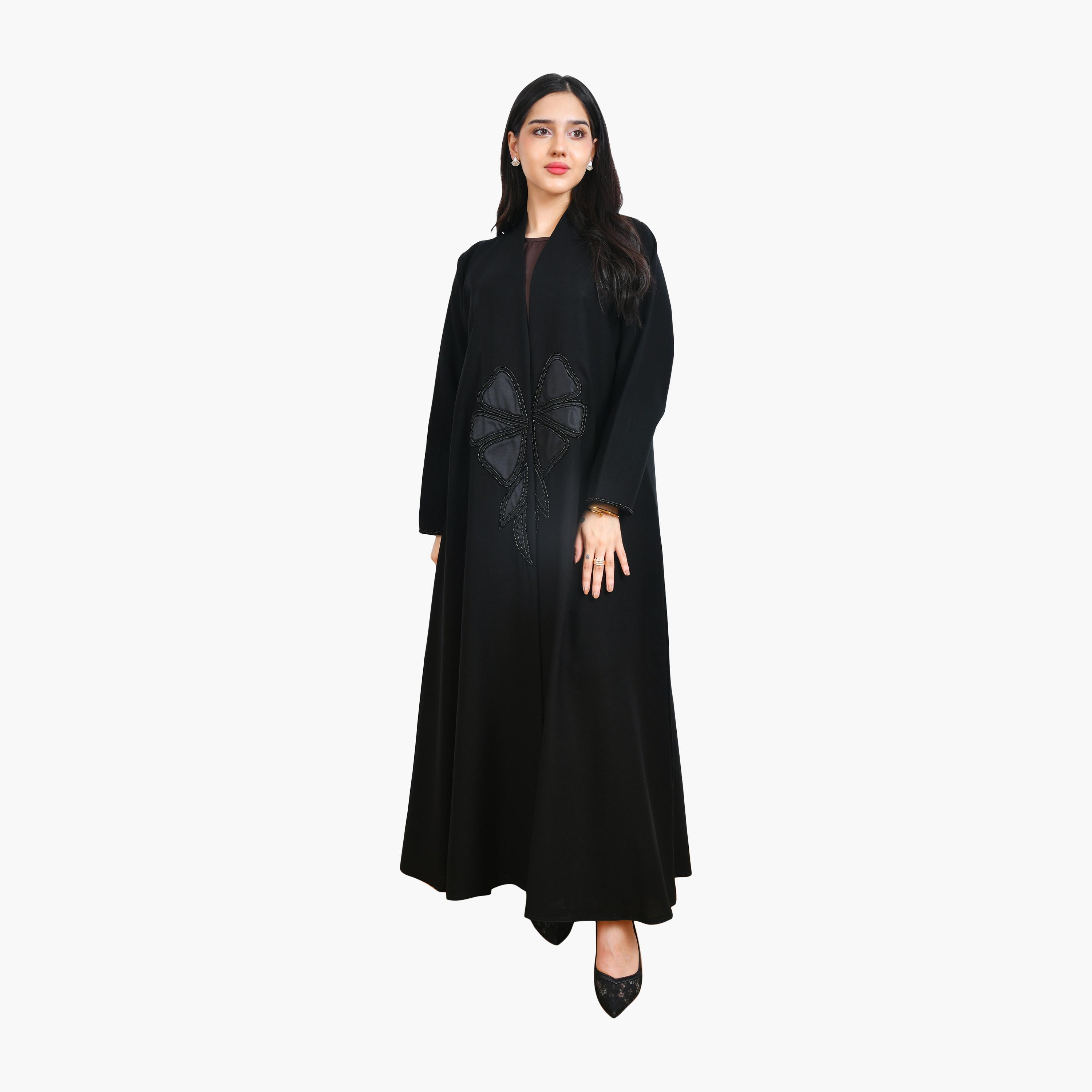 عباية نسائية من مزخرفة بالورود والكتان باللون الأسود نصف كلوش من حوراء-women-arabicclothing-abayas-image-1