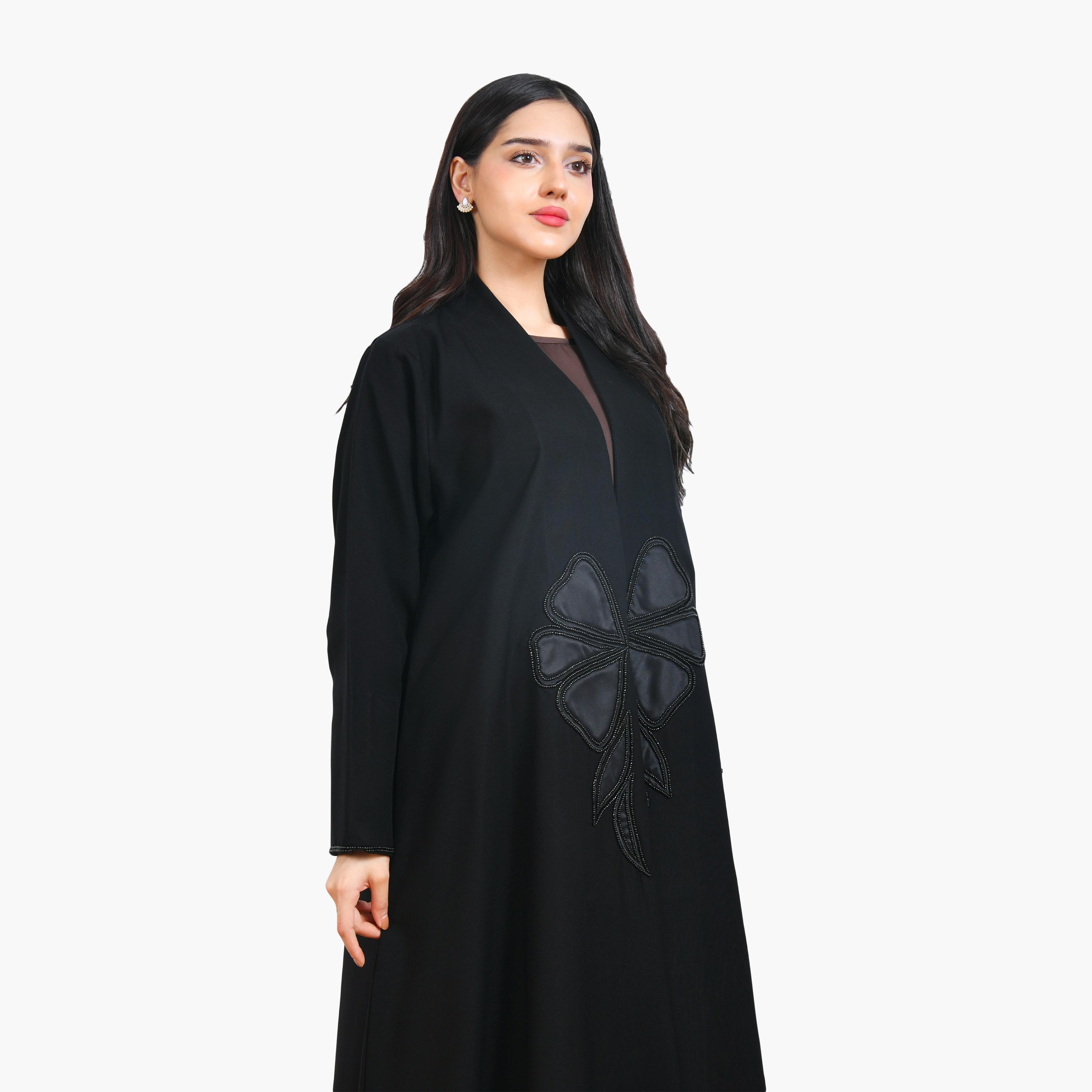 عباية نسائية من مزخرفة بالورود والكتان باللون الأسود نصف كلوش من حوراء-women-arabicclothing-abayas-image-2