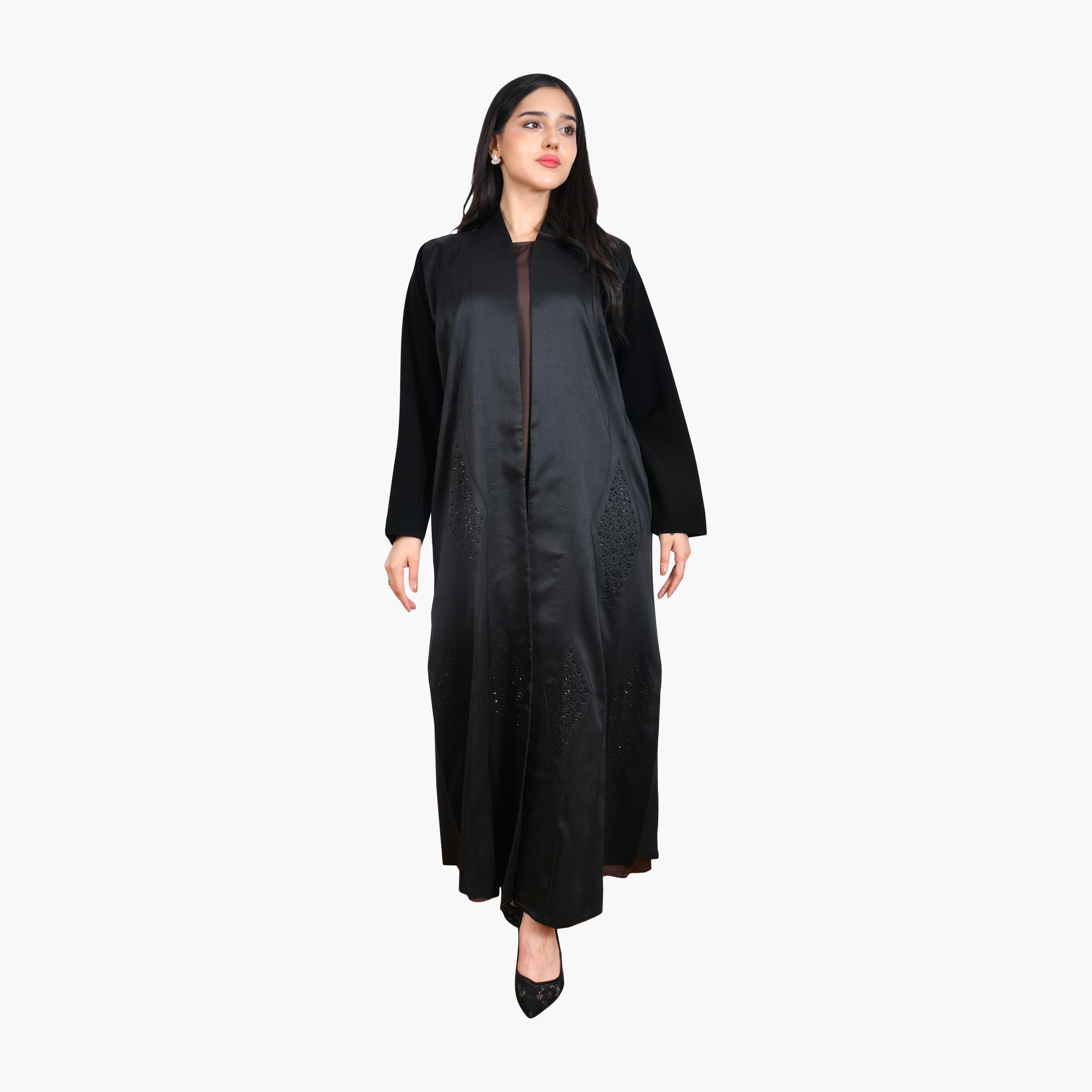 Hawraa Crystal & Contrast Stitched Linen Women's Evening Abaya-women-arabicclothing-abayas-image-1