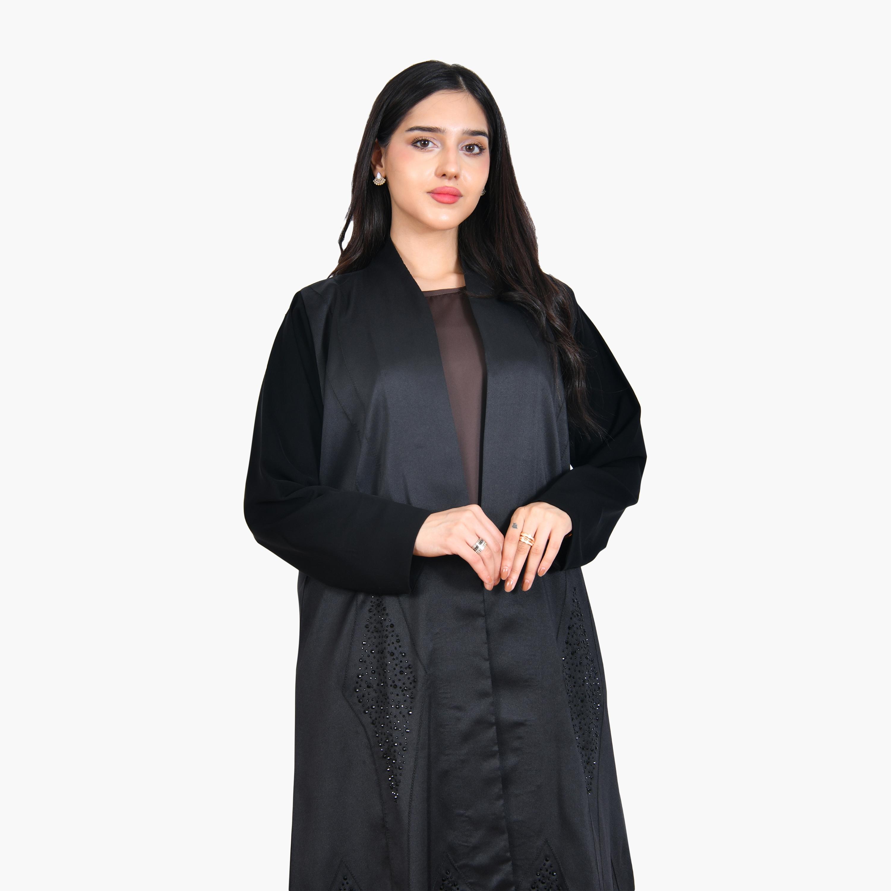 Hawraa Crystal & Contrast Stitched Linen Women's Evening Abaya-women-arabicclothing-abayas-image-2