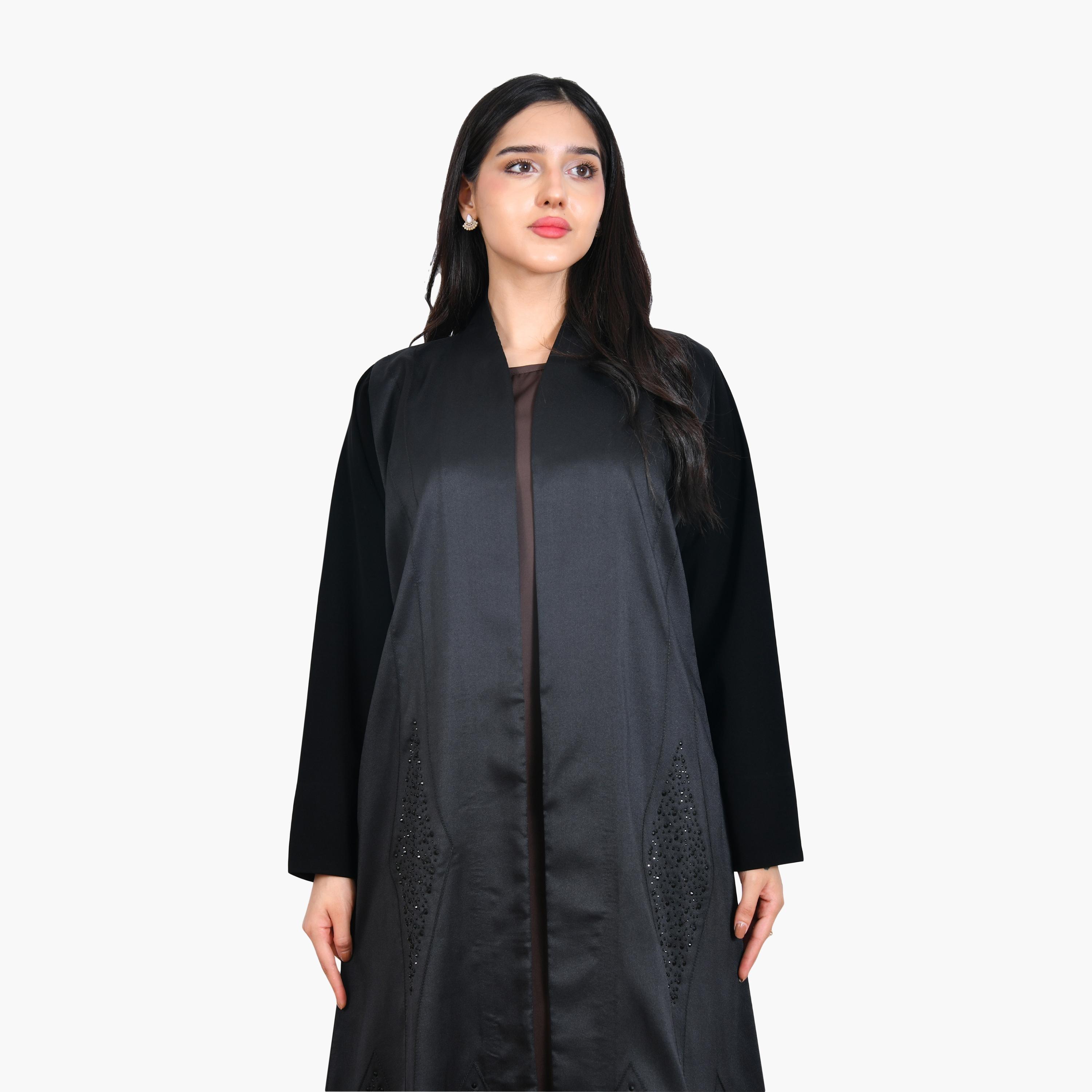 Hawraa Crystal & Contrast Stitched Linen Women's Evening Abaya-women-arabicclothing-abayas-image-3