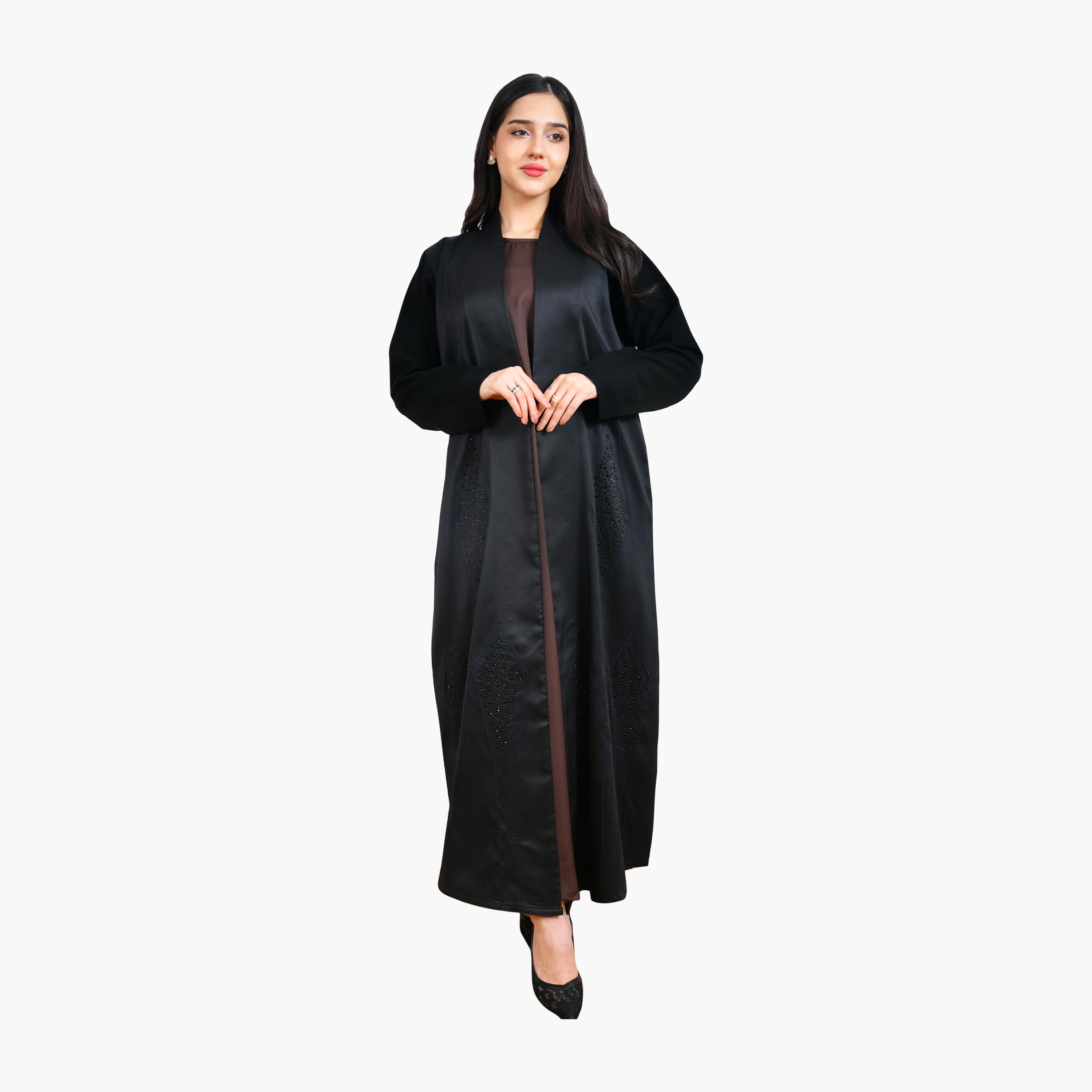 Hawraa Crystal & Contrast Stitched Linen Women's Evening Abaya-women-arabicclothing-abayas-image-1