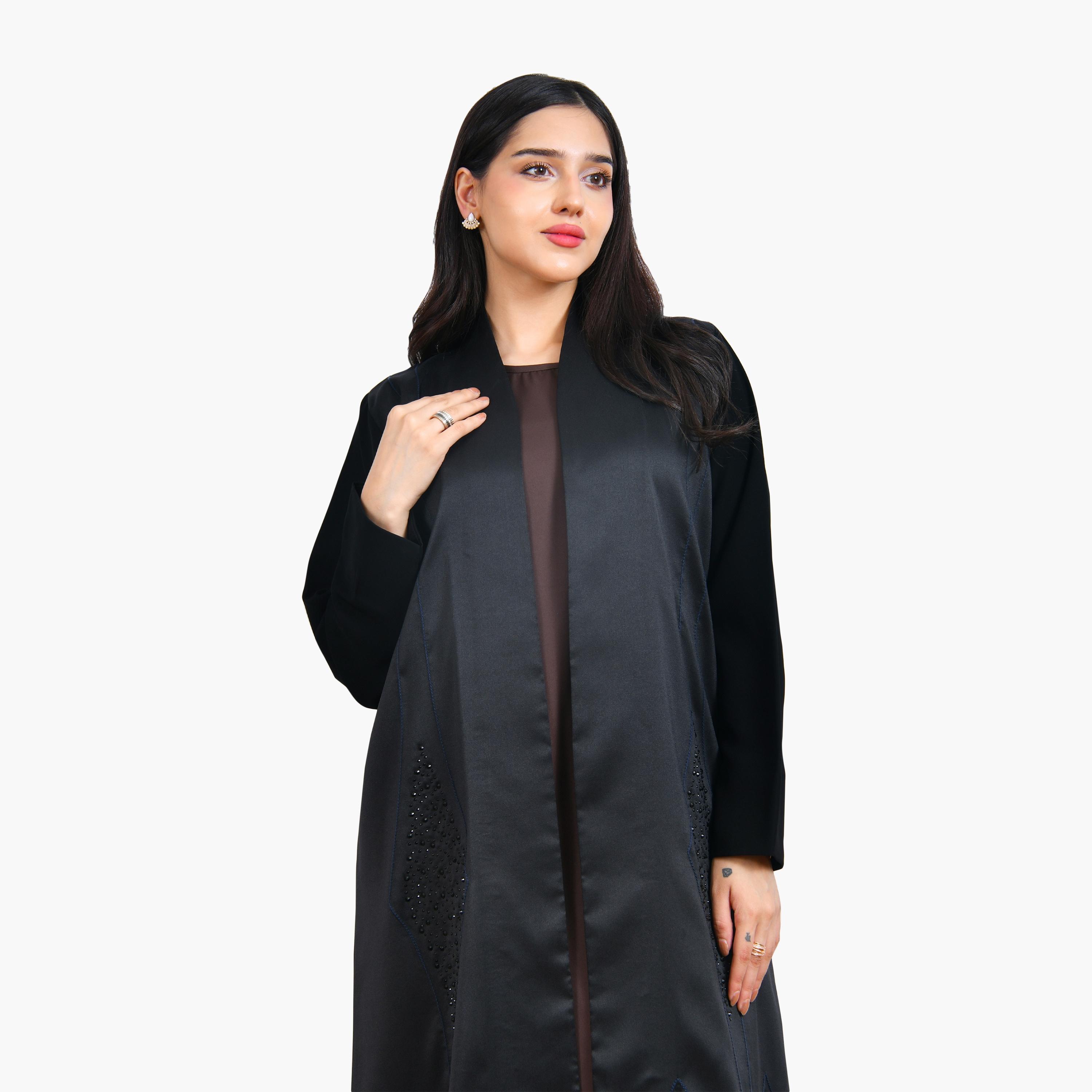Hawraa Crystal & Contrast Stitched Linen Women's Evening Abaya-women-arabicclothing-abayas-image-2