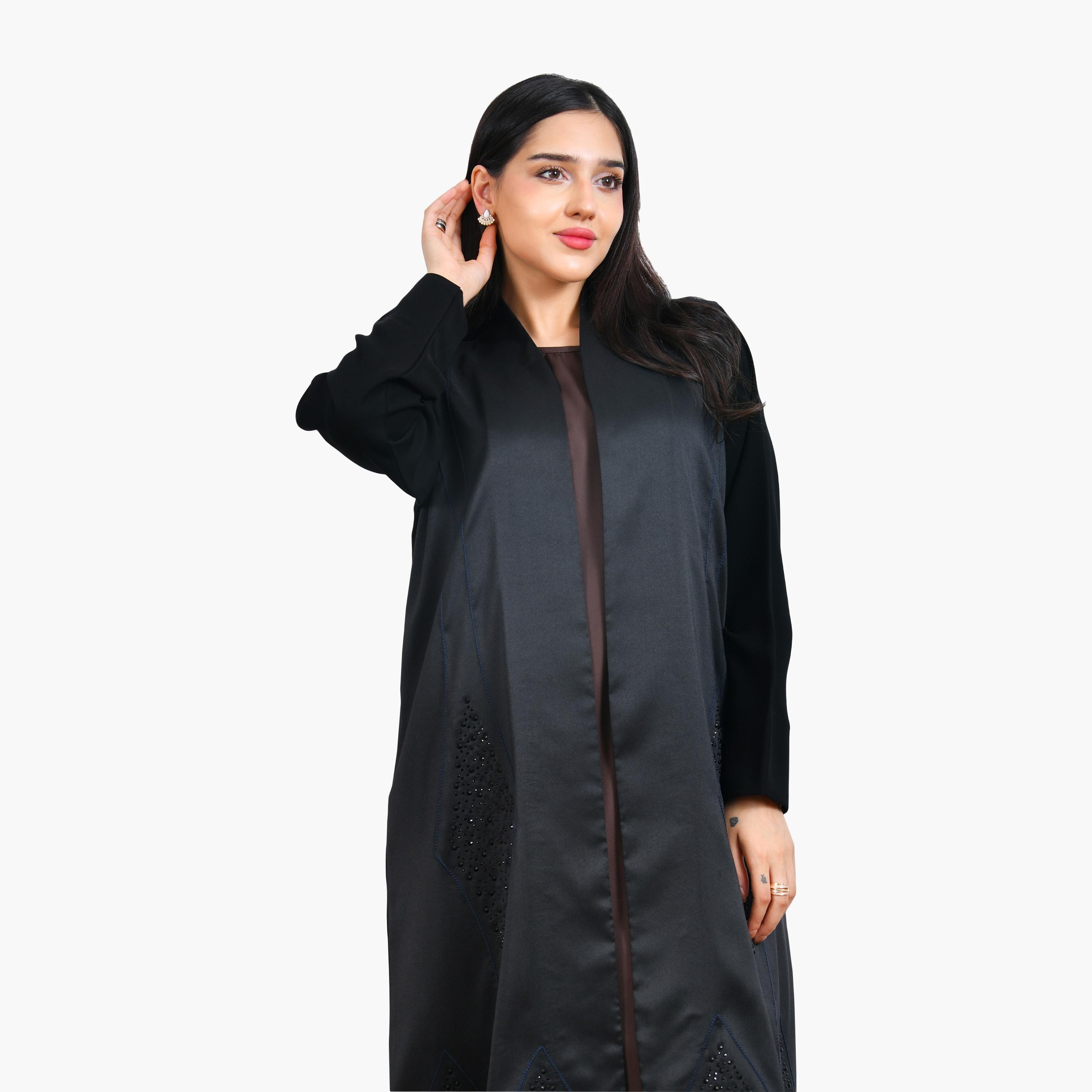Hawraa Crystal & Contrast Stitched Linen Women's Evening Abaya-women-arabicclothing-abayas-image-3
