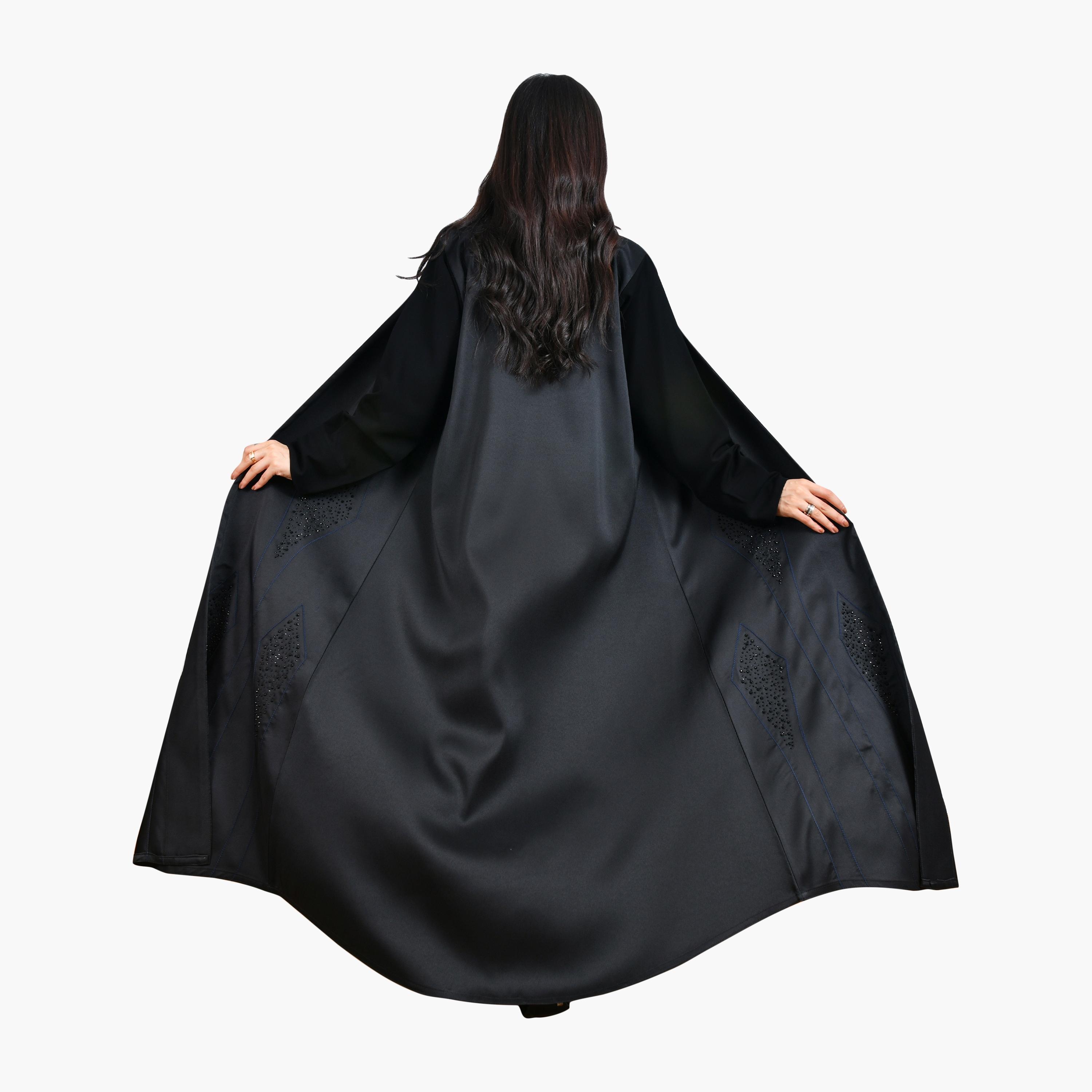 Hawraa Crystal & Contrast Stitched Linen Women's Evening Abaya-women-arabicclothing-abayas-image-4