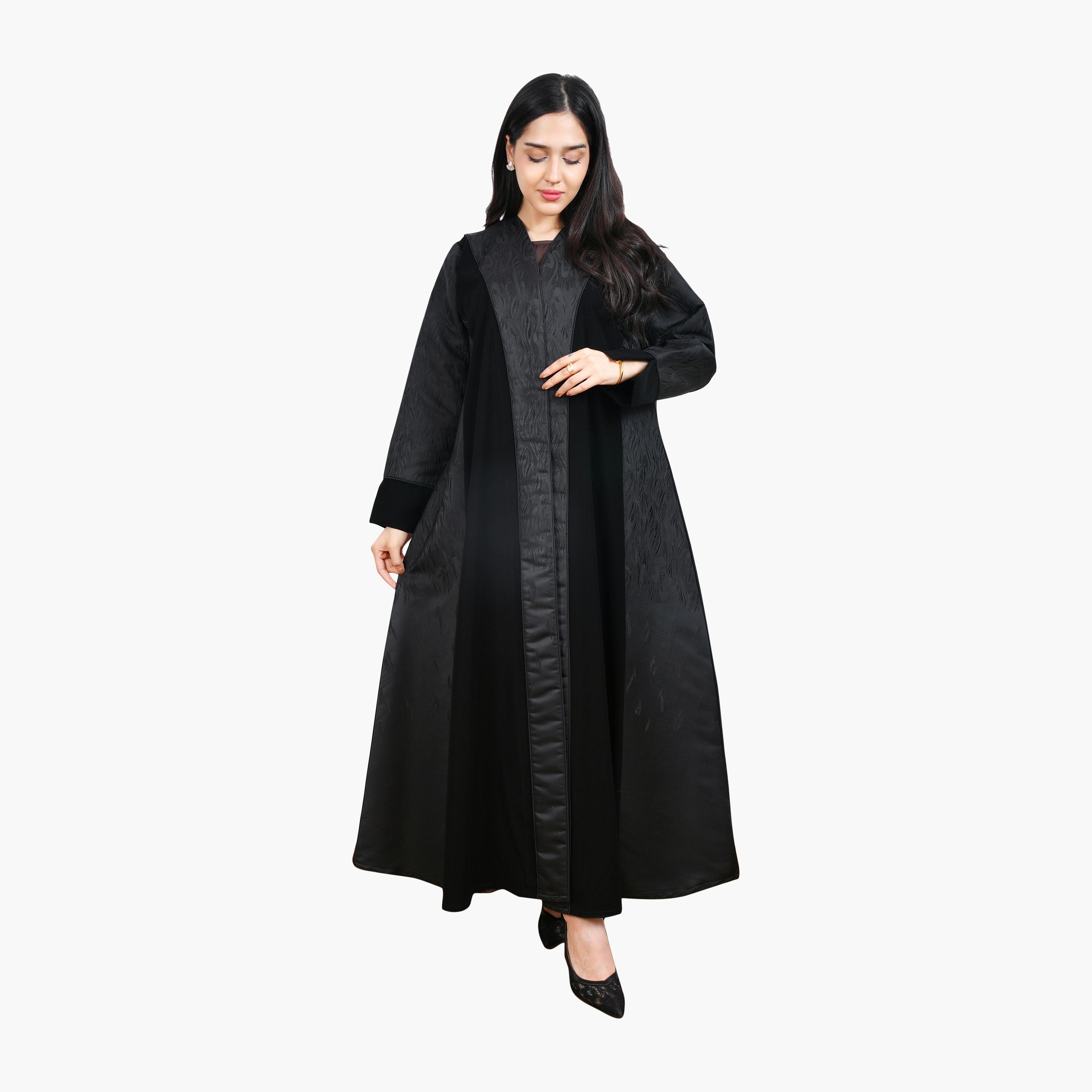 Hawraa Black Jacquard Linen Women's Full Cloche Abaya-women-arabicclothing-abayas-image-1