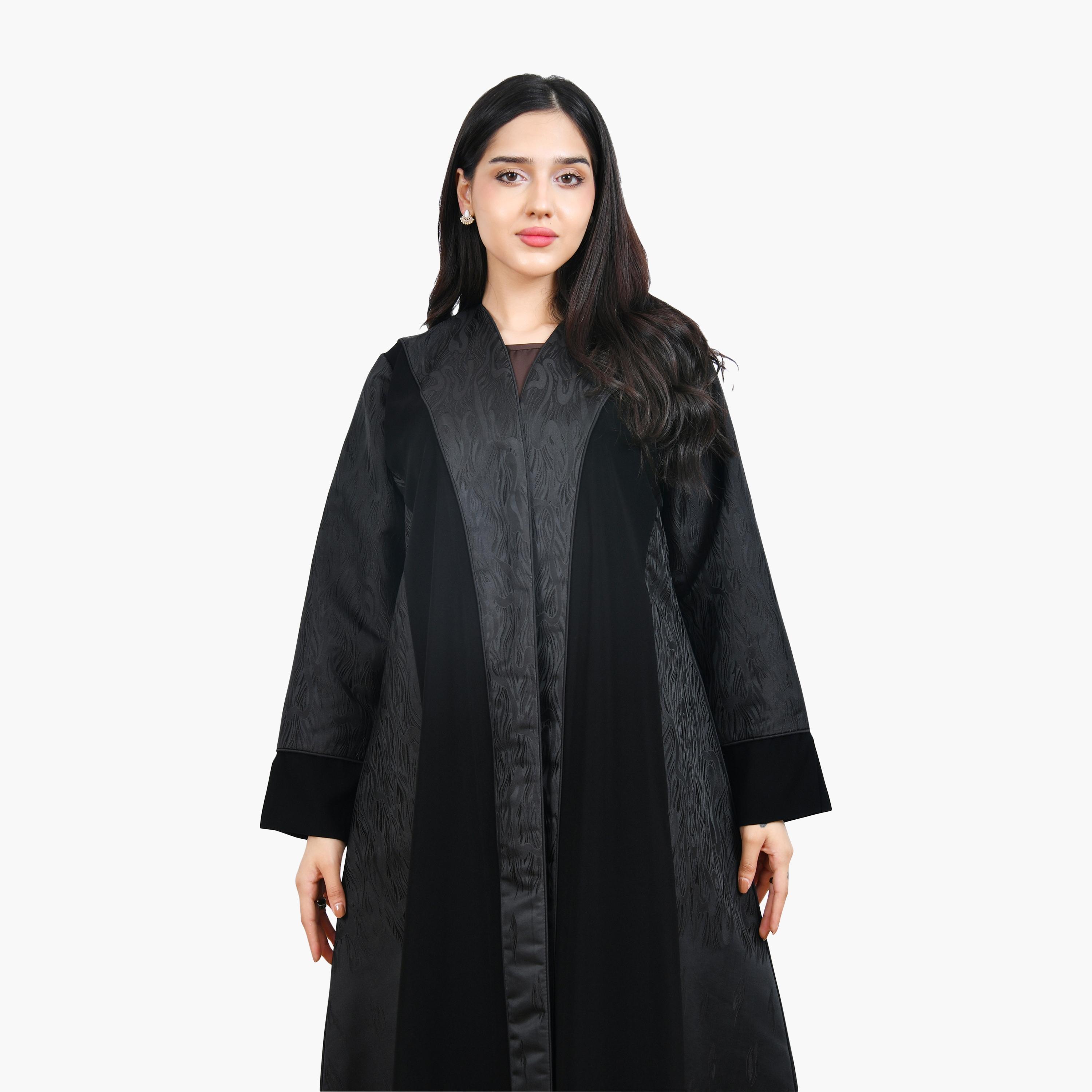 Hawraa Black Jacquard Linen Women's Full Cloche Abaya-women-arabicclothing-abayas-image-2