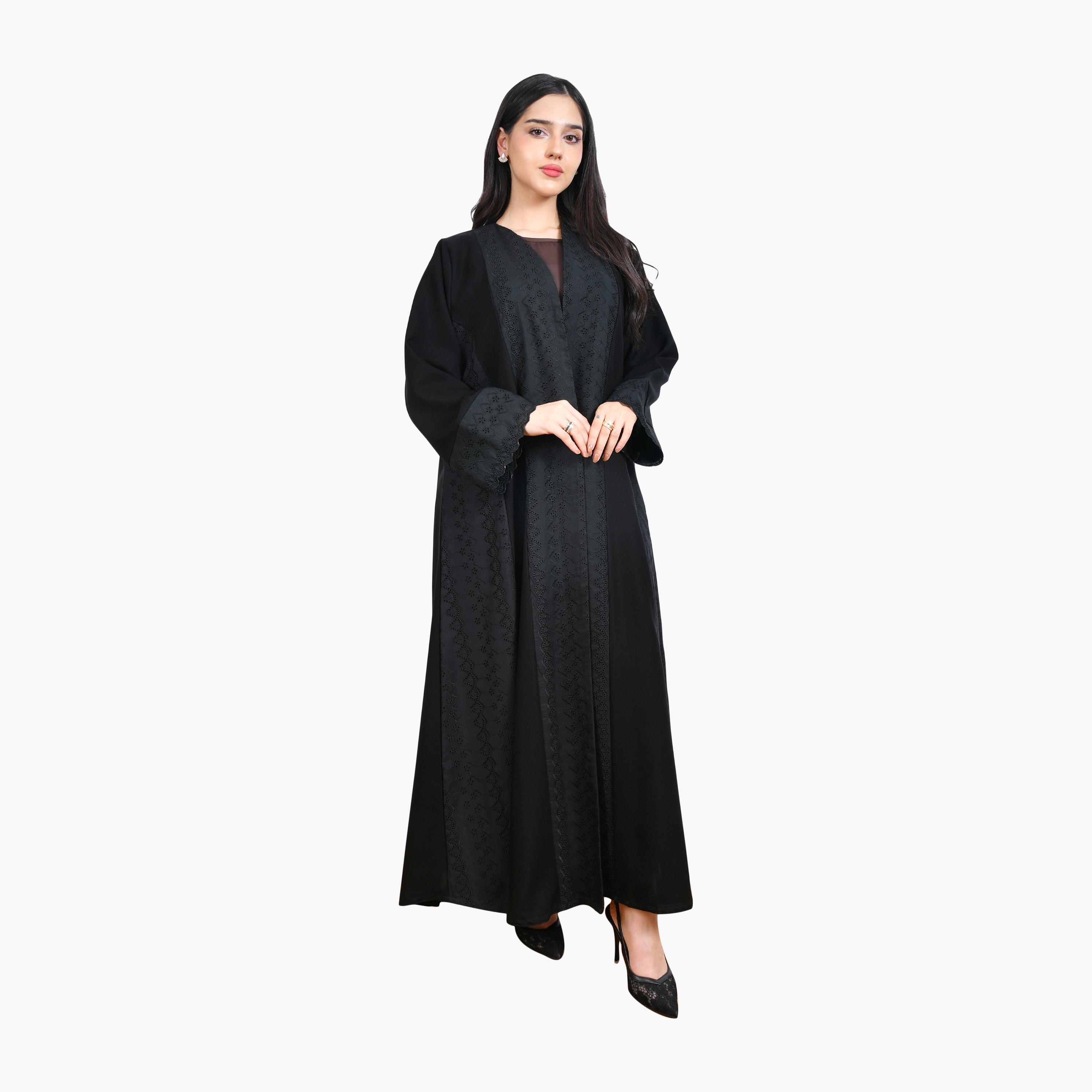 عباية سهرة نسائية من شيفلي سوداء مطرزة من الكتان نصف كلوش من حوراء-women-arabicclothing-abayas-image-1