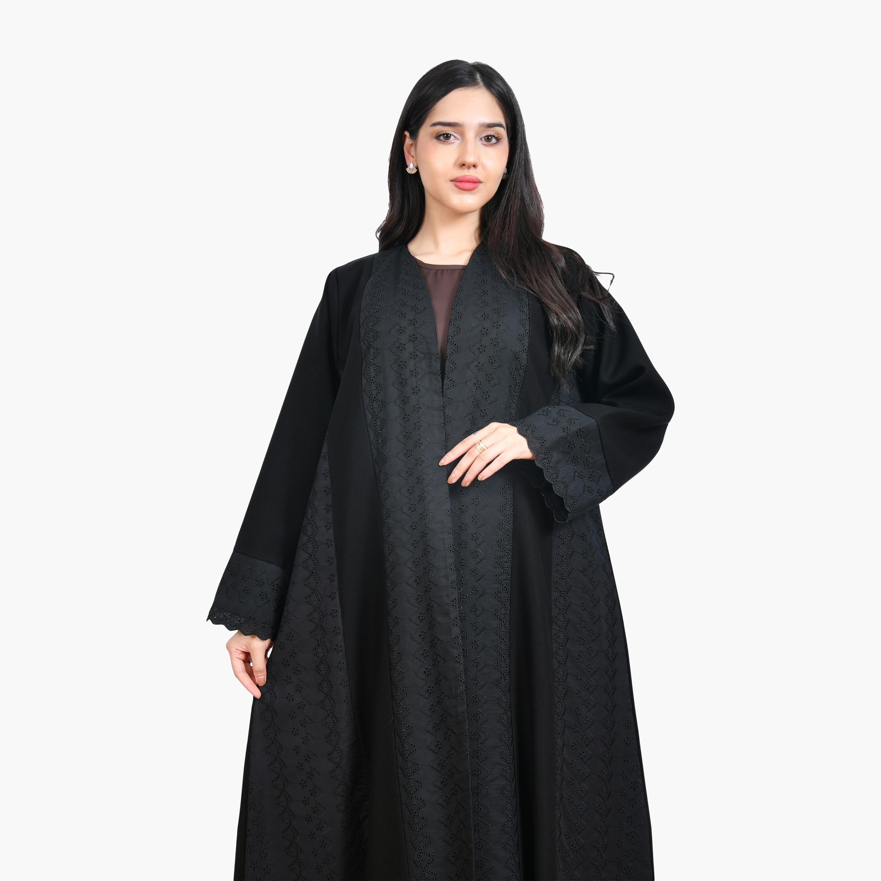 عباية سهرة نسائية من شيفلي سوداء مطرزة من الكتان نصف كلوش من حوراء-women-arabicclothing-abayas-image-2