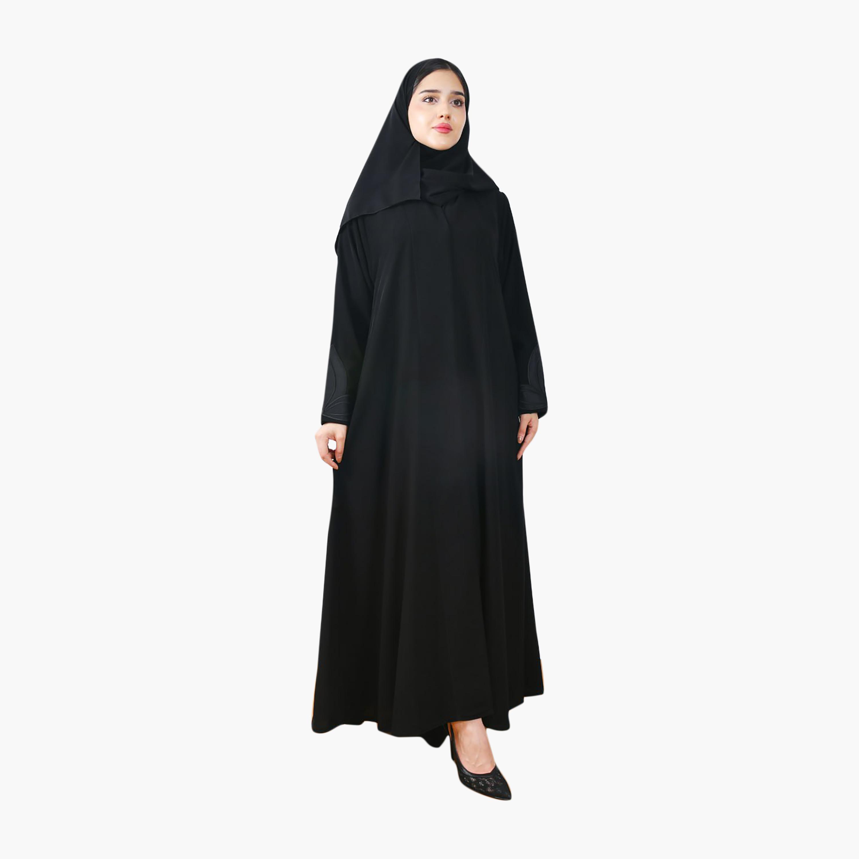 Hawraa Black Embroidered Sleeves Linen Women's Half-Cloche Abaya-women-arabicclothing-abayas-image-1