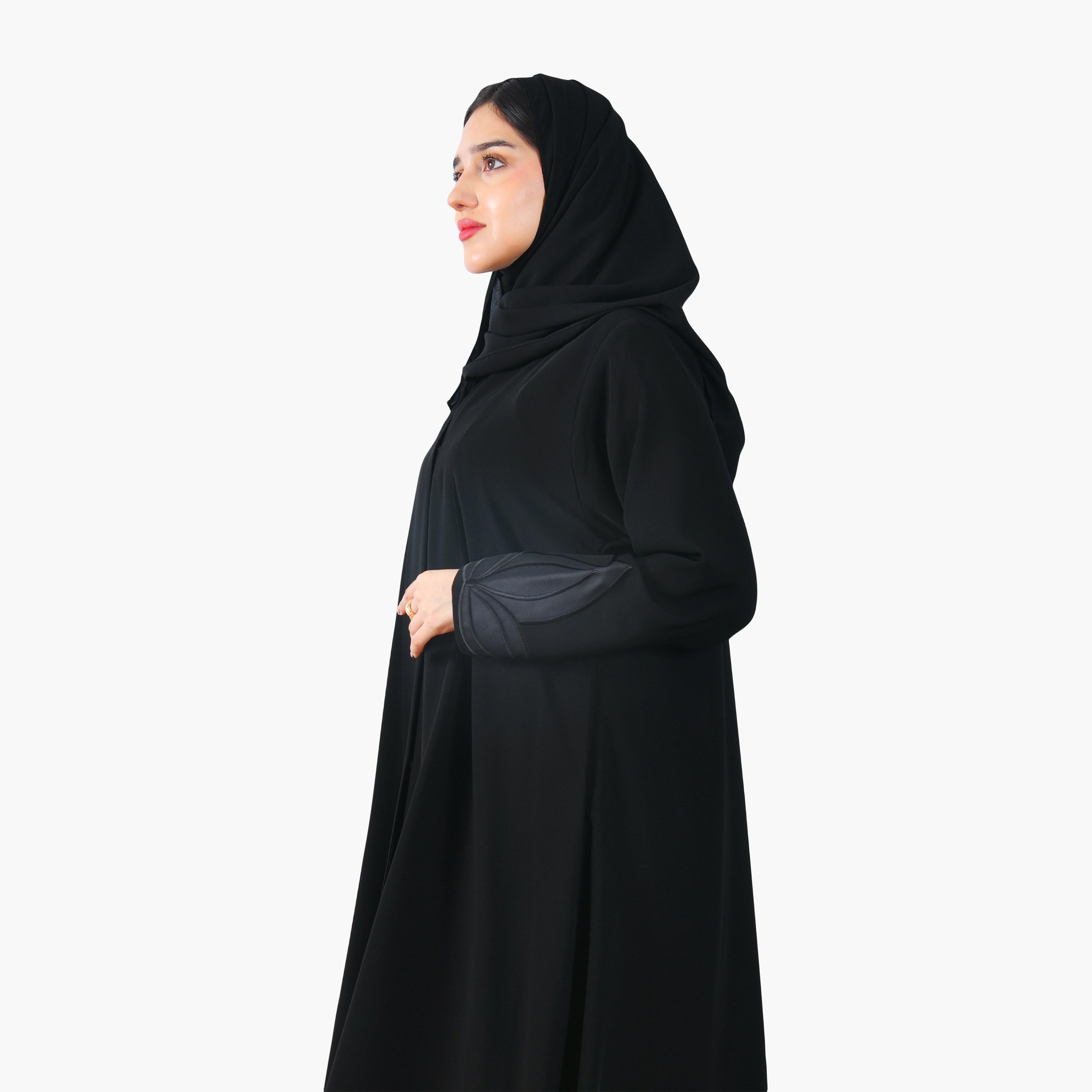 Hawraa Black Embroidered Sleeves Linen Women's Half-Cloche Abaya-women-arabicclothing-abayas-image-2