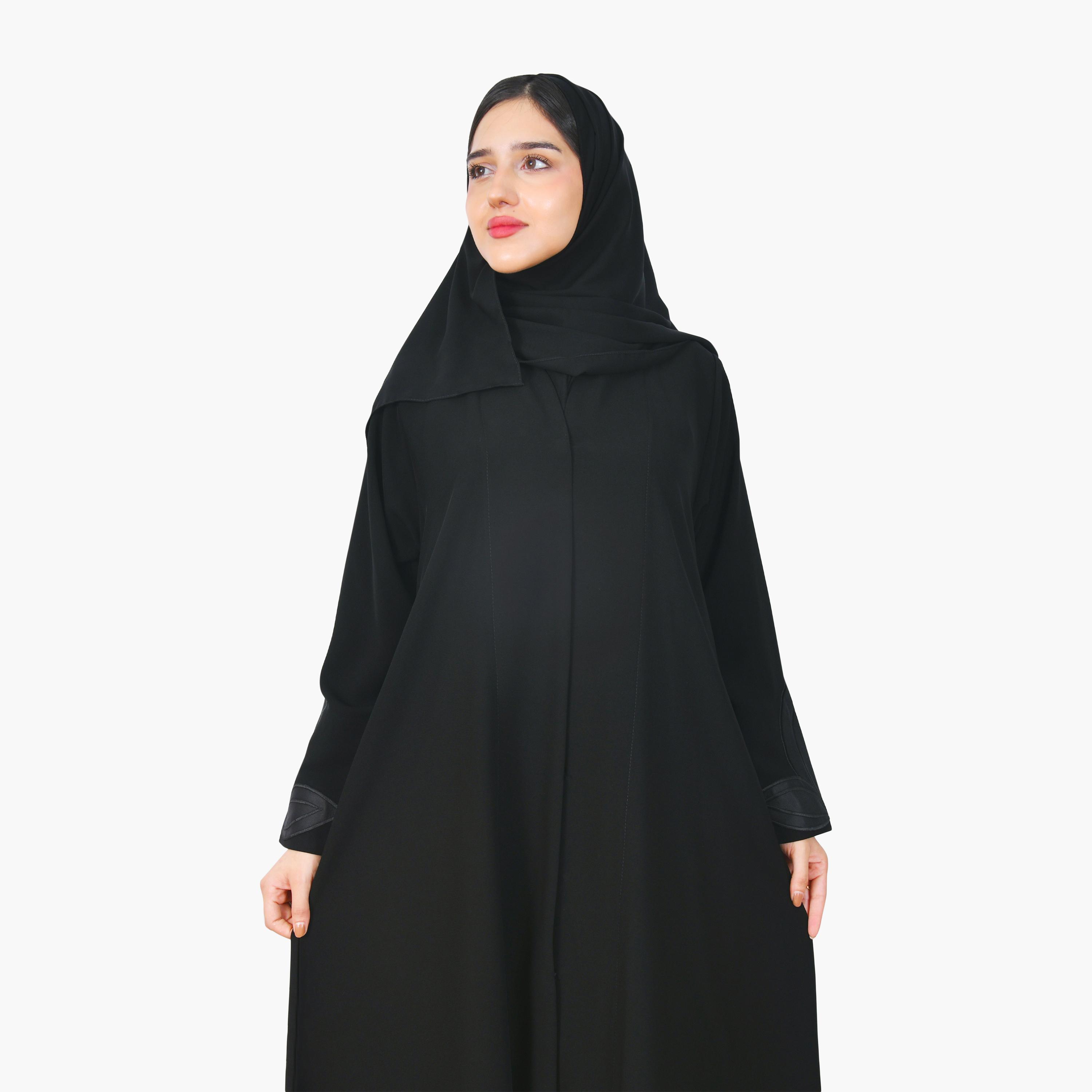 Hawraa Black Embroidered Sleeves Linen Women's Half-Cloche Abaya-women-arabicclothing-abayas-image-3