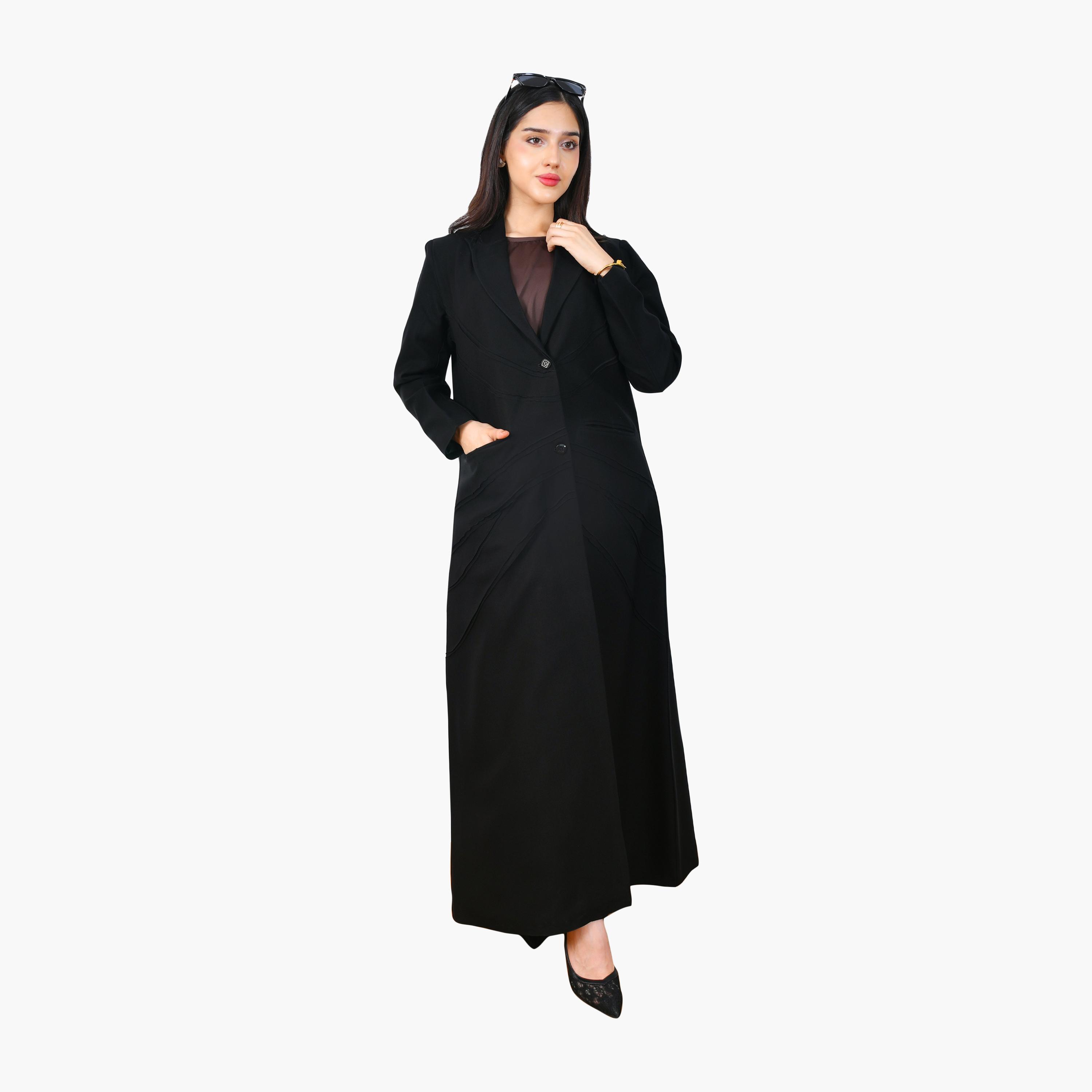 Hawraa Black Line Stitched Lapel Collar Linen Women's Formal Coat Style Abaya-women-arabicclothing-abayas-image-1