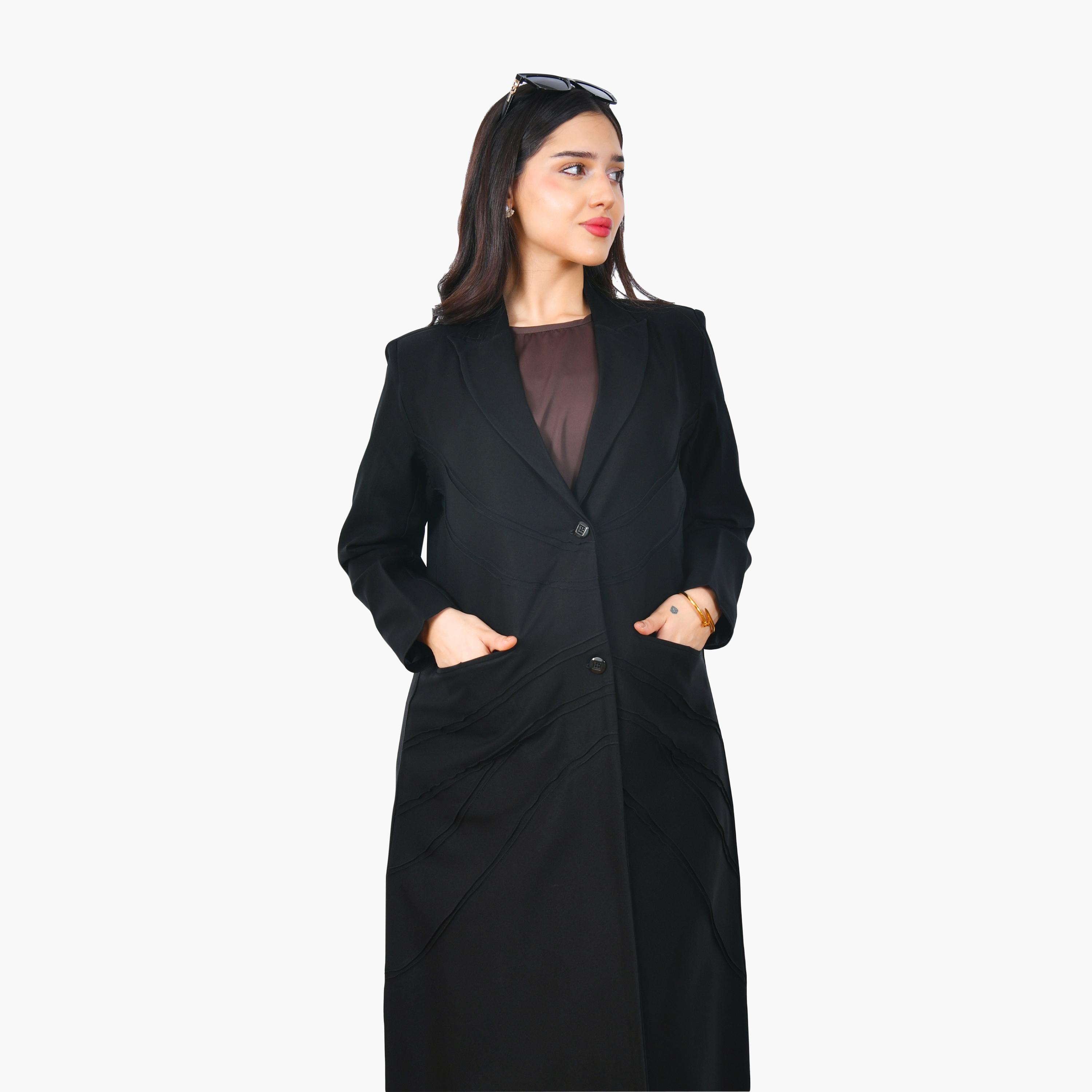 Hawraa Black Line Stitched Lapel Collar Linen Women's Formal Coat Style Abaya-women-arabicclothing-abayas-image-2