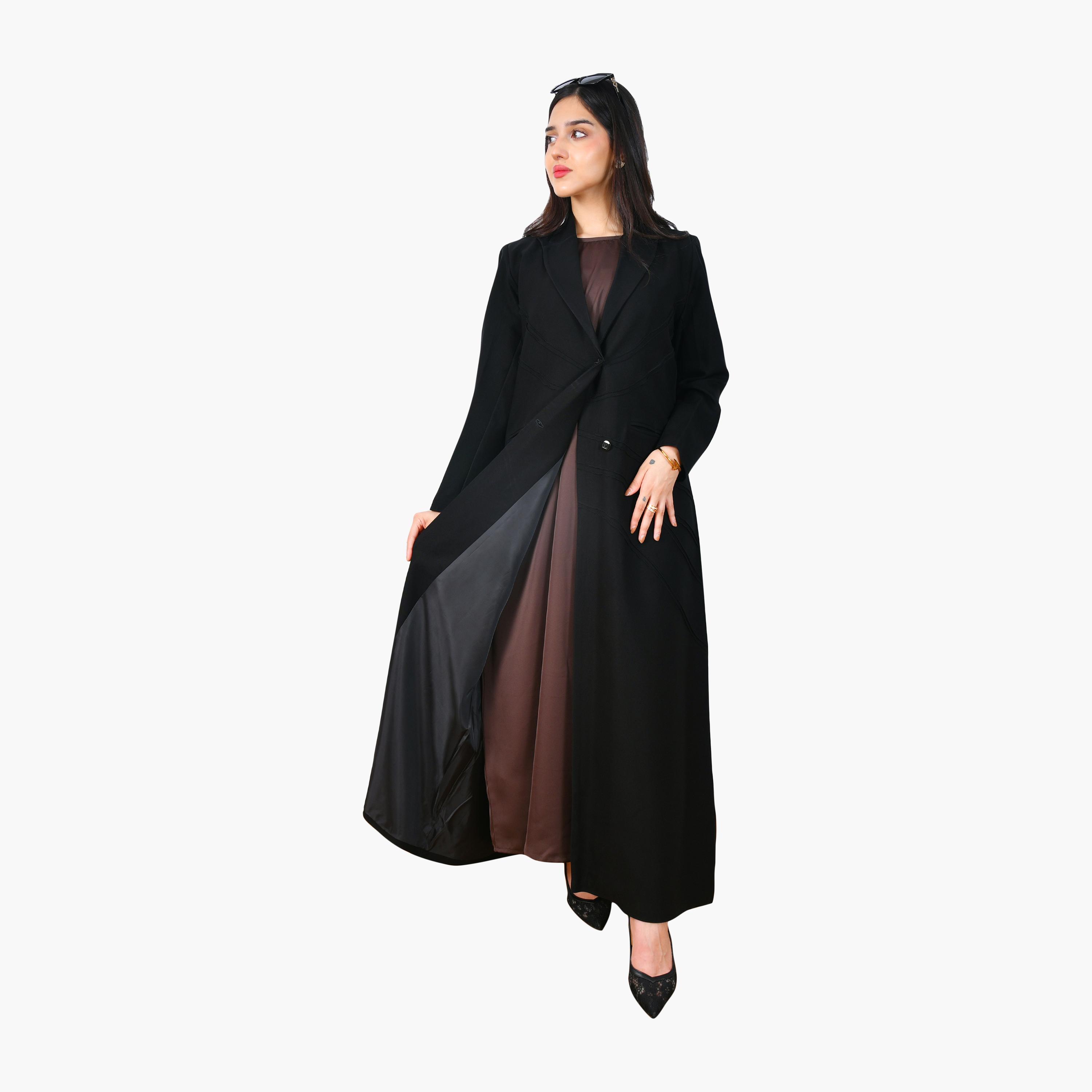 Hawraa Black Line Stitched Lapel Collar Linen Women's Formal Coat Style Abaya-women-arabicclothing-abayas-image-3