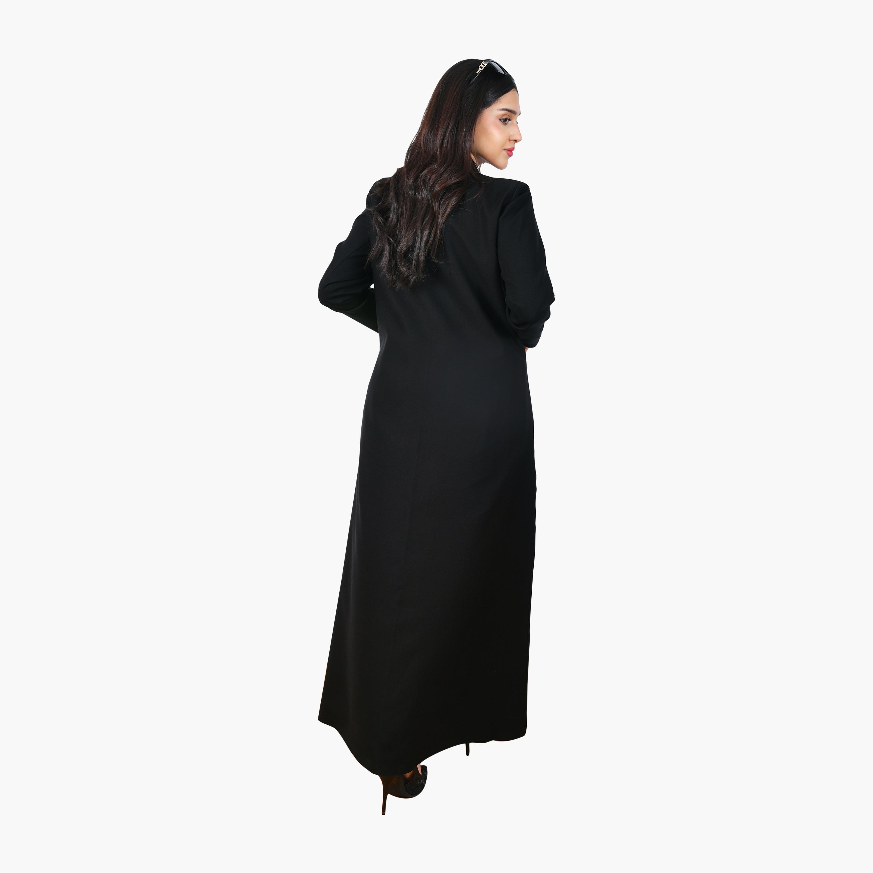 Hawraa Black Line Stitched Lapel Collar Linen Women's Formal Coat Style Abaya-women-arabicclothing-abayas-image-4