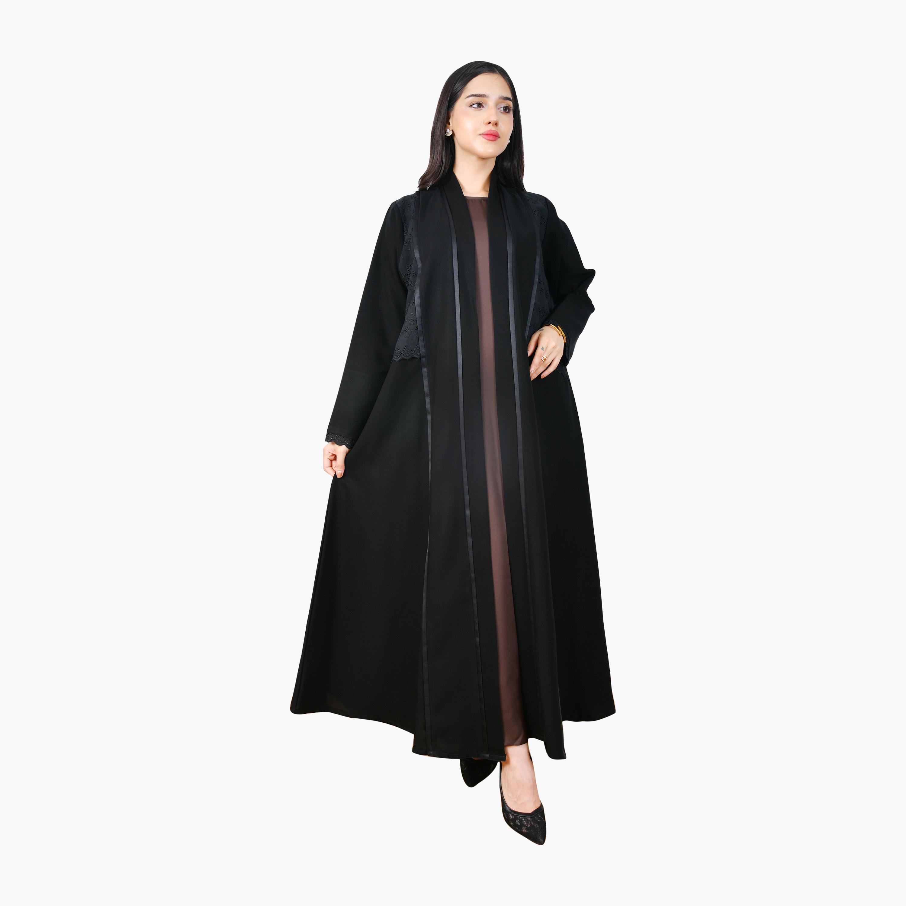 Hawraa Black Schiffli Embroidered Linen Women's Half-Cloche Abaya-women-arabicclothing-abayas-image-1