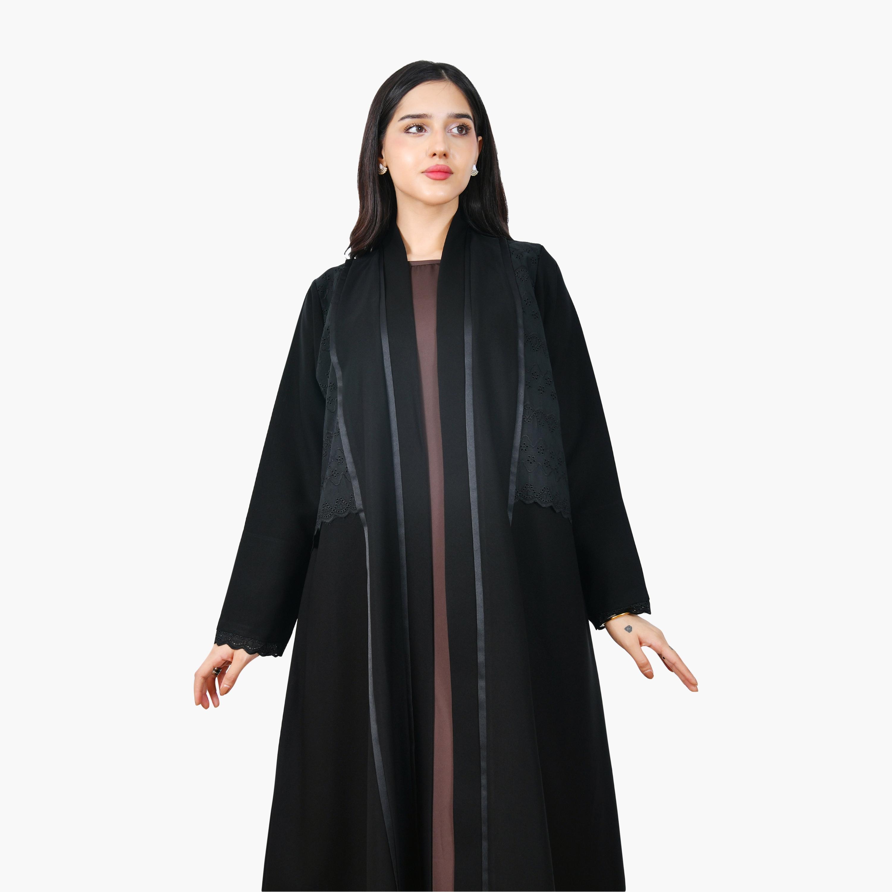 Hawraa Black Schiffli Embroidered Linen Women's Half-Cloche Abaya-women-arabicclothing-abayas-image-2