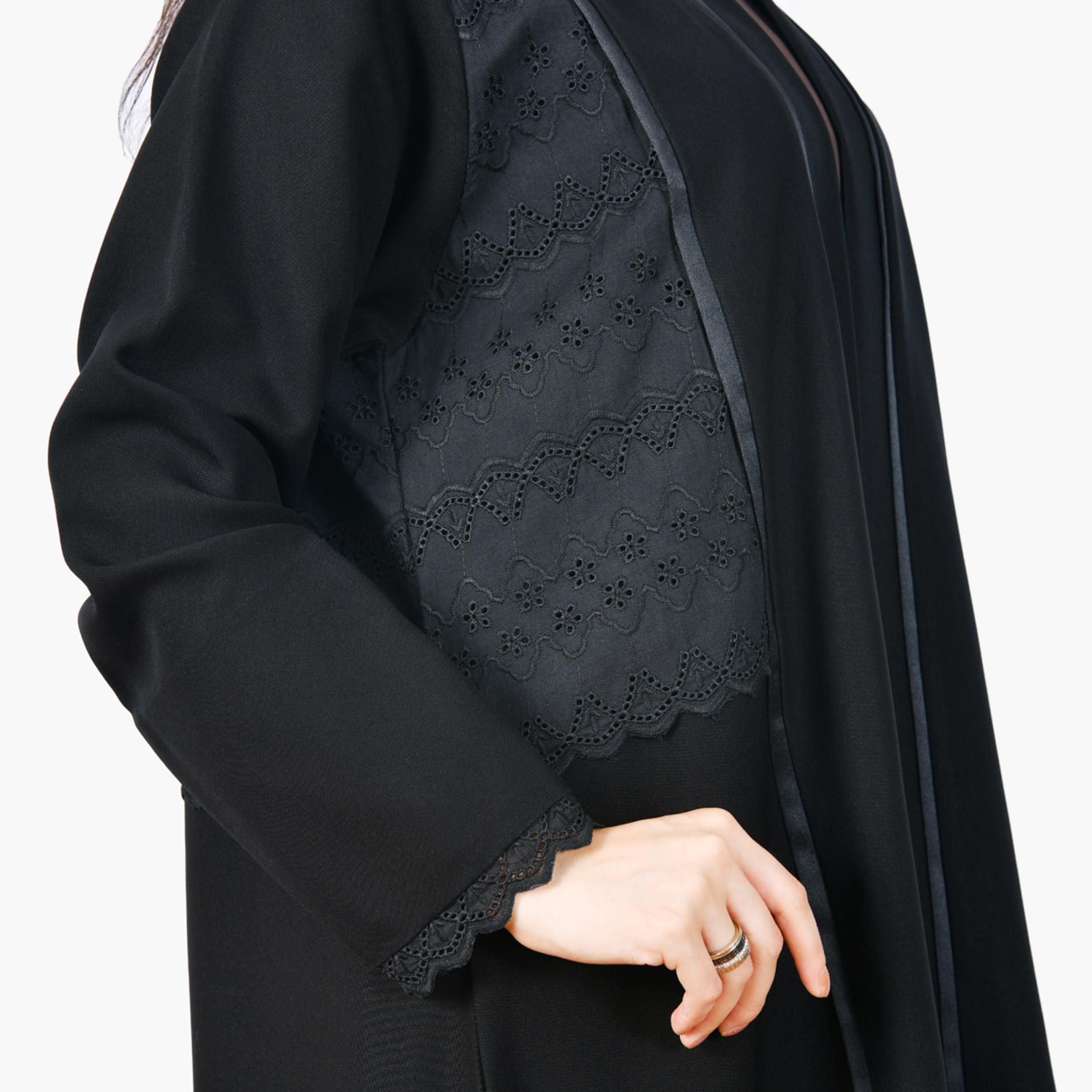 Hawraa Black Schiffli Embroidered Linen Women's Half-Cloche Abaya-women-arabicclothing-abayas-image-3