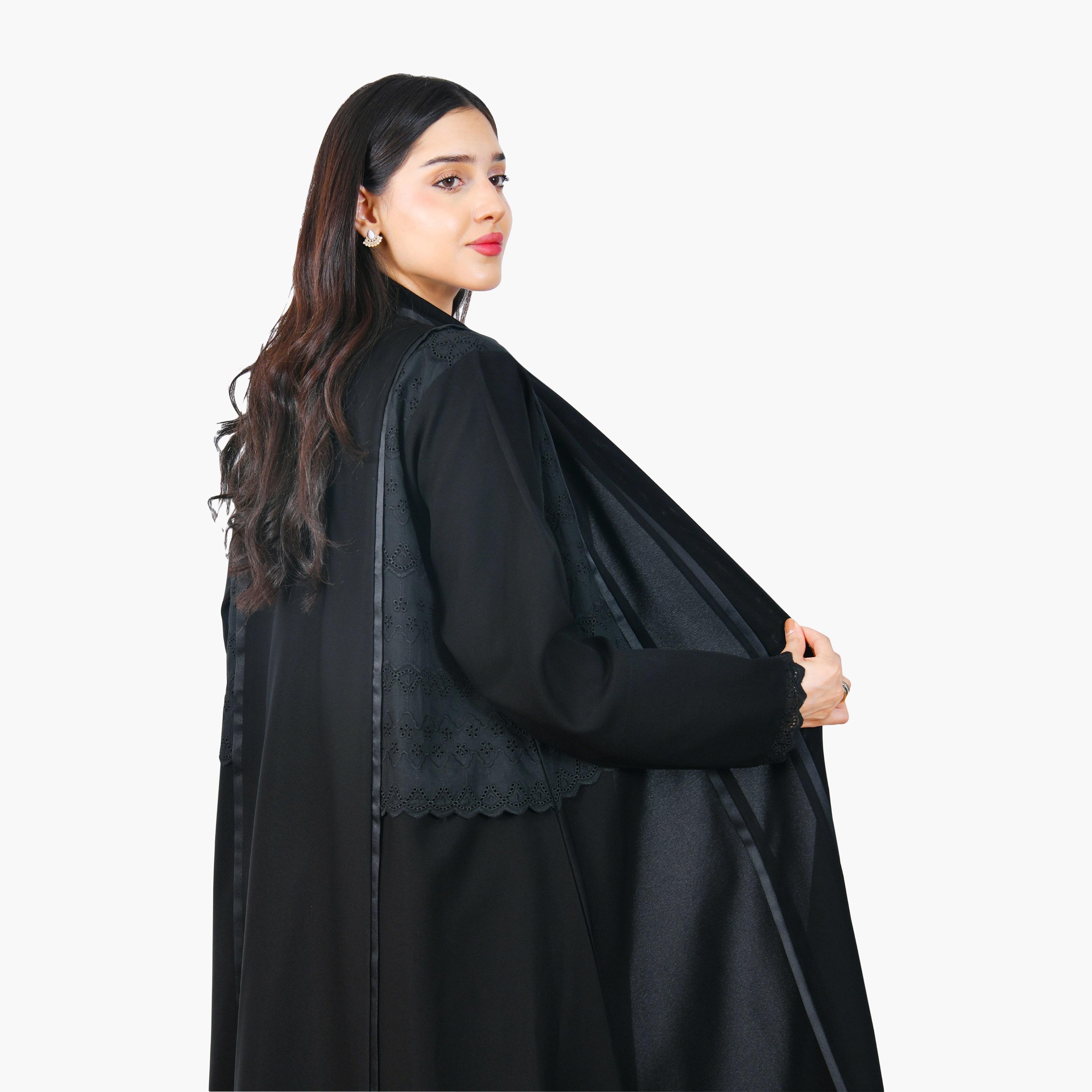 Hawraa Black Schiffli Embroidered Linen Women's Half-Cloche Abaya-women-arabicclothing-abayas-image-4