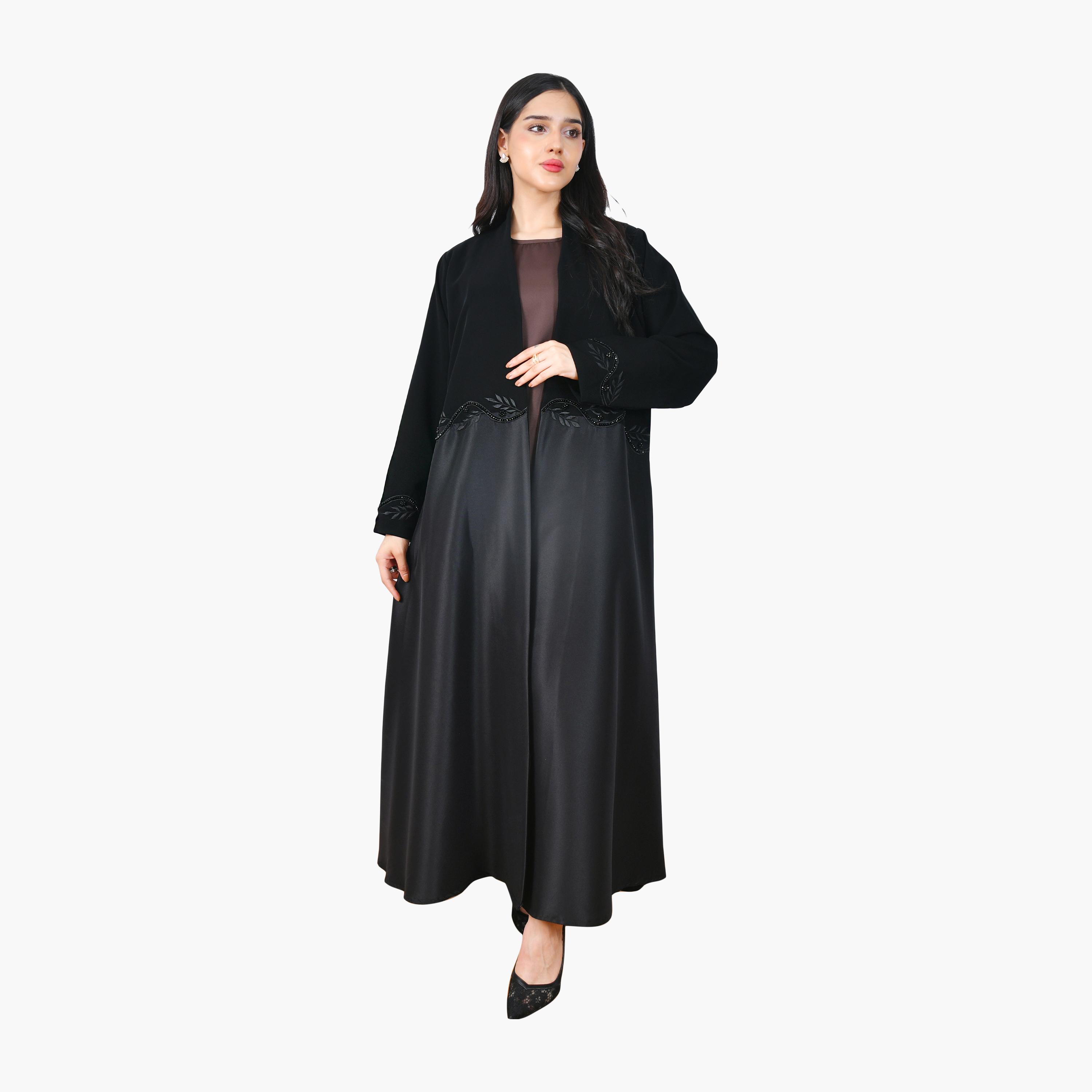 عباية نسائية من الكتان الأسود مطرزة بأوراق الشجر ومتعددة الألوان من حوراء-women-arabicclothing-abayas-image-1