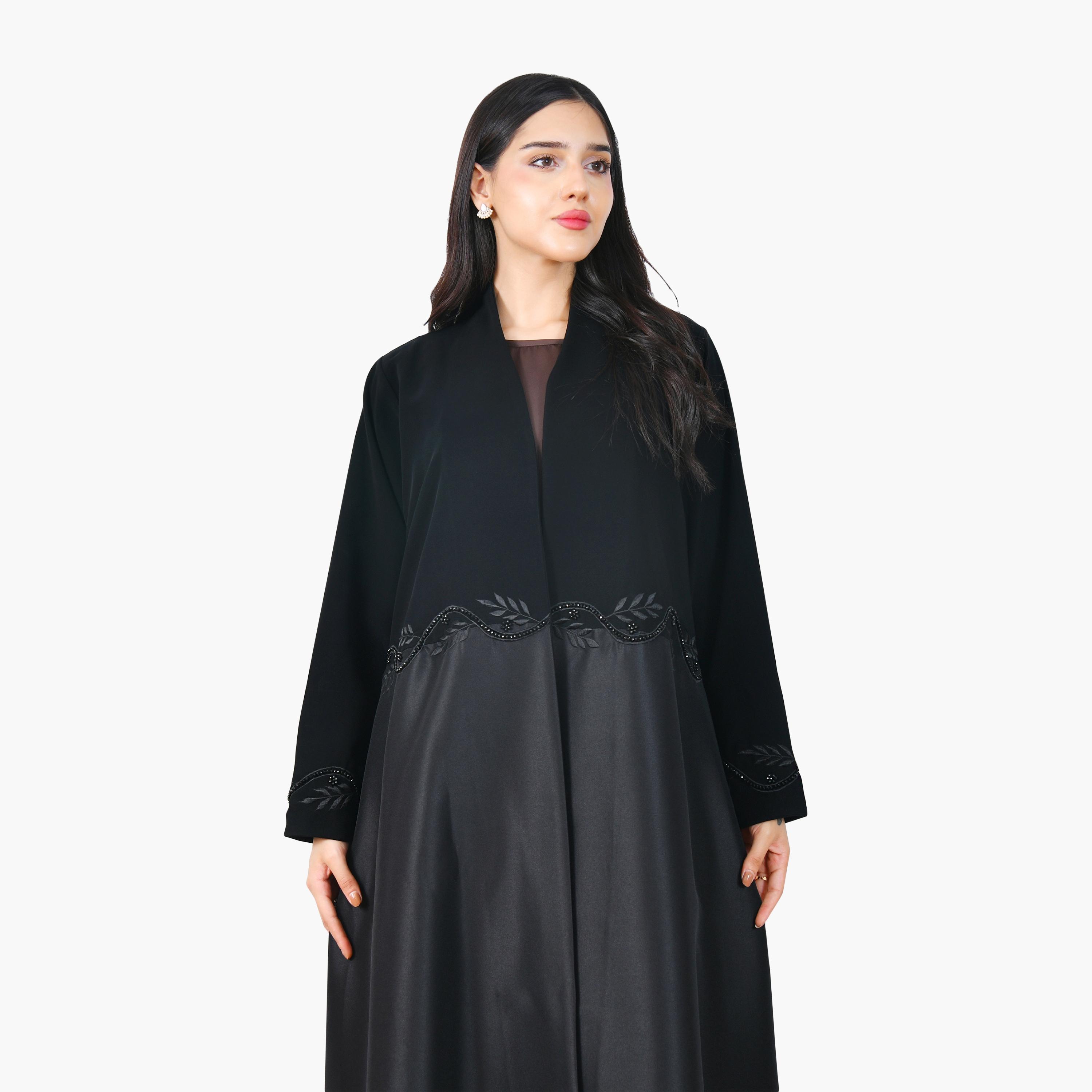 عباية نسائية من الكتان الأسود مطرزة بأوراق الشجر ومتعددة الألوان من حوراء-women-arabicclothing-abayas-image-2
