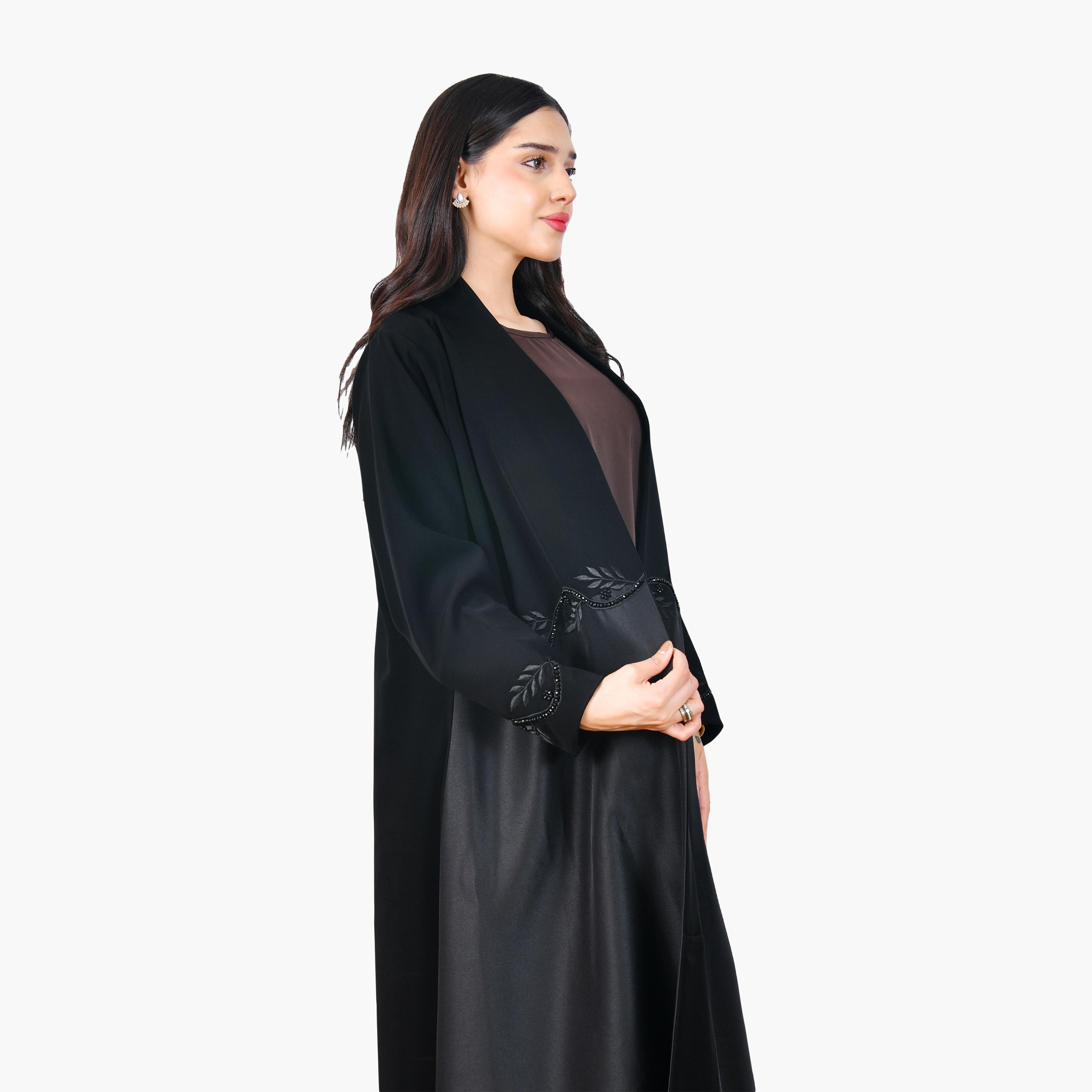 عباية نسائية من الكتان الأسود مطرزة بأوراق الشجر ومتعددة الألوان من حوراء-women-arabicclothing-abayas-image-3