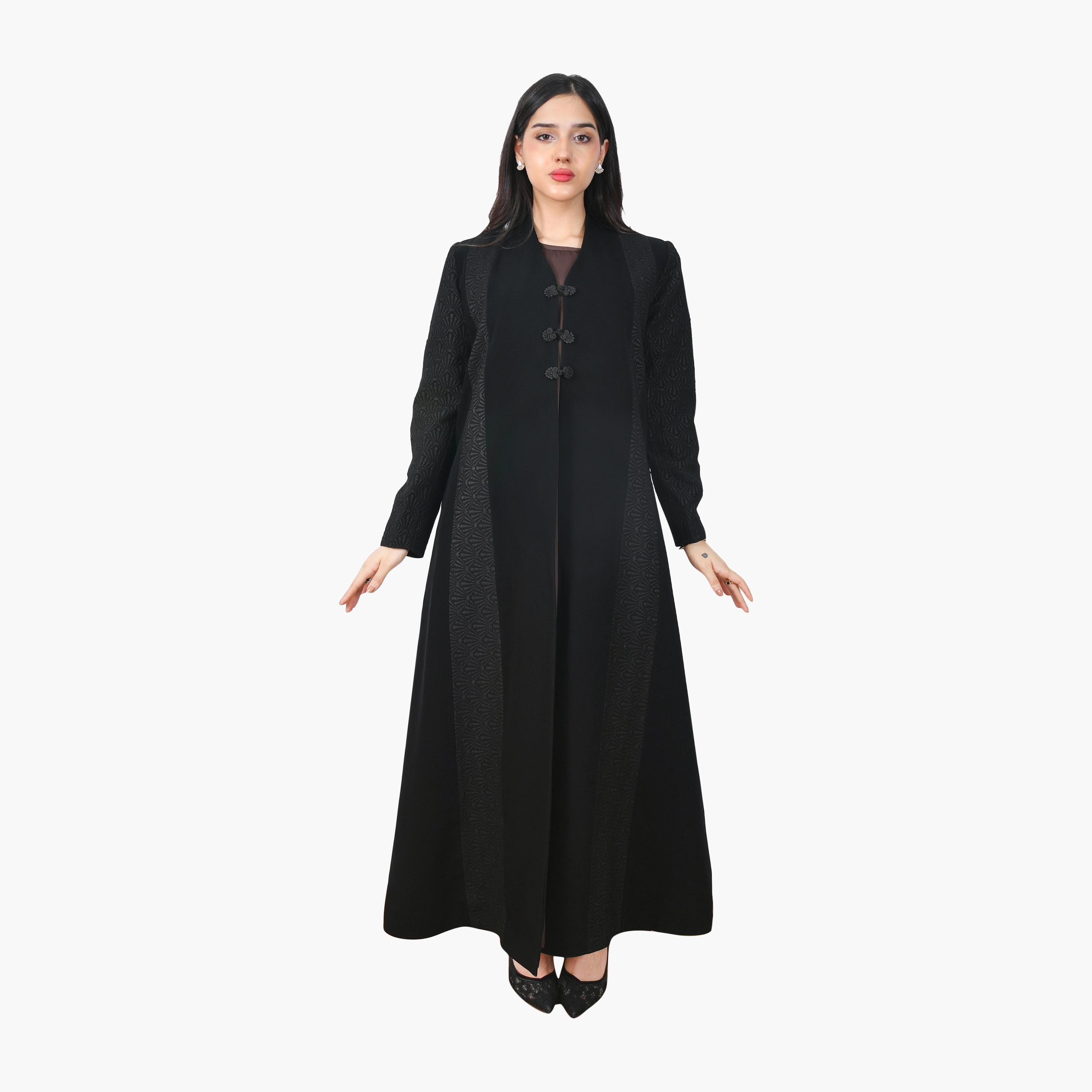 Hawraa Black Jacquard Linen Women's Formal Half-Cloche Abaya-women-arabicclothing-abayas-image-1