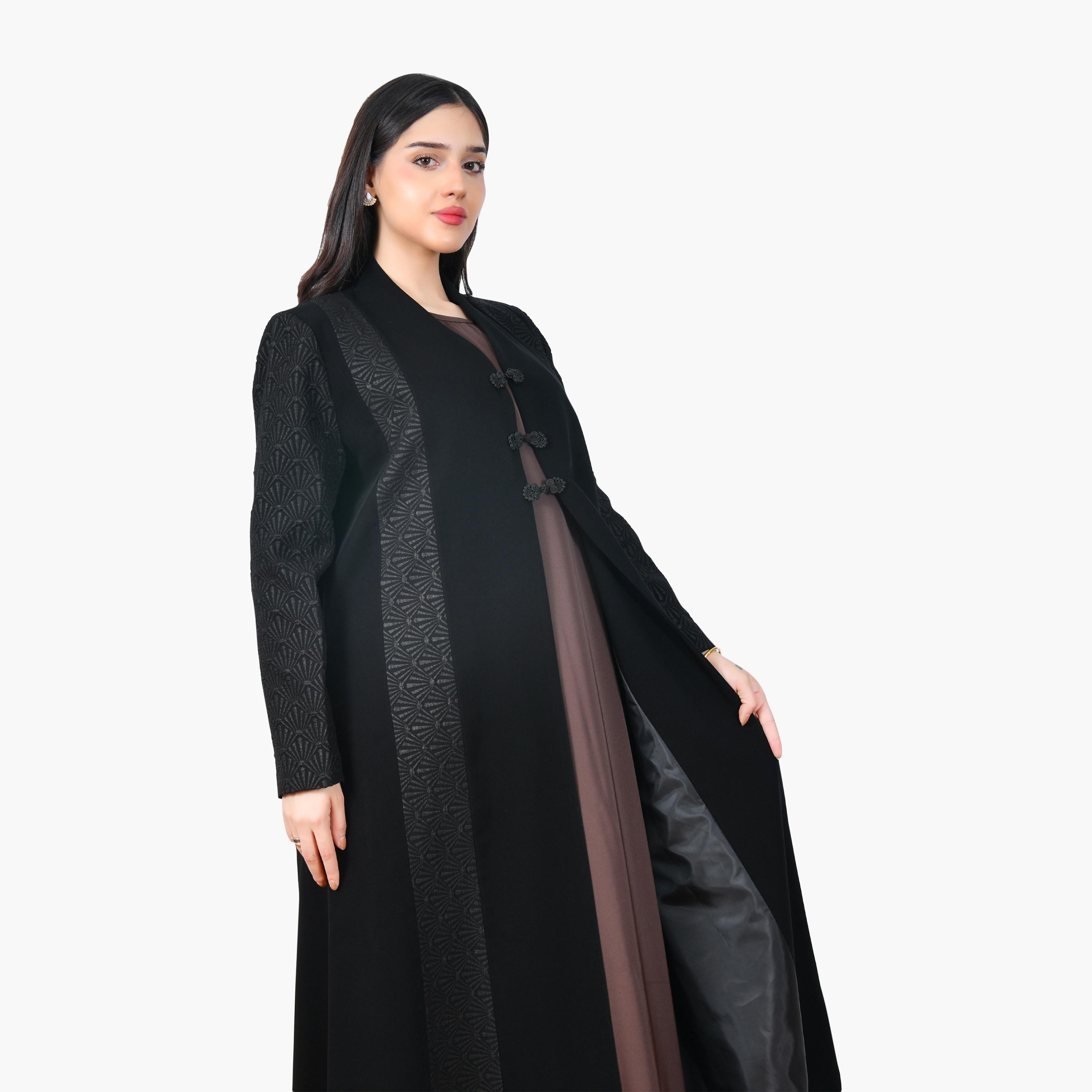Hawraa Black Jacquard Linen Women's Formal Half-Cloche Abaya-women-arabicclothing-abayas-image-2
