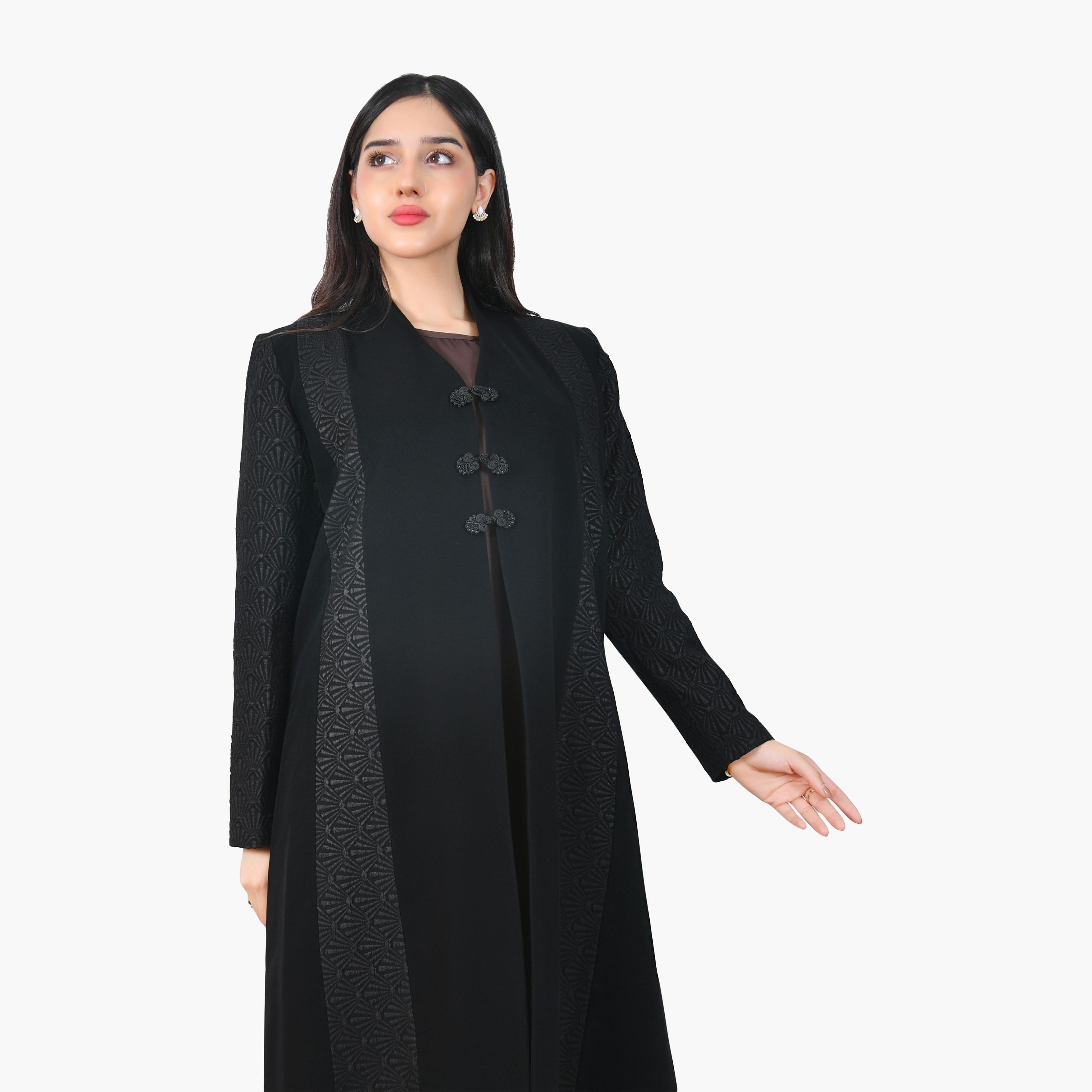 Hawraa Black Jacquard Linen Women's Formal Half-Cloche Abaya-women-arabicclothing-abayas-image-3